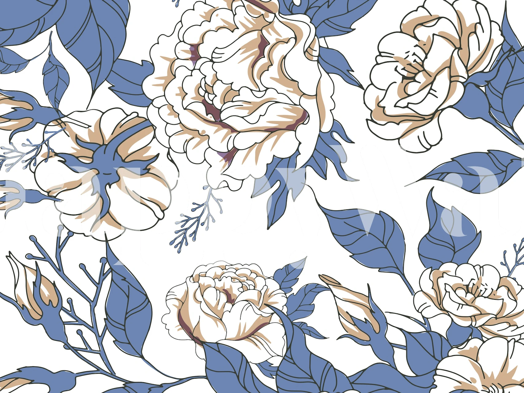 Elegant white and blue large floral wall mural design