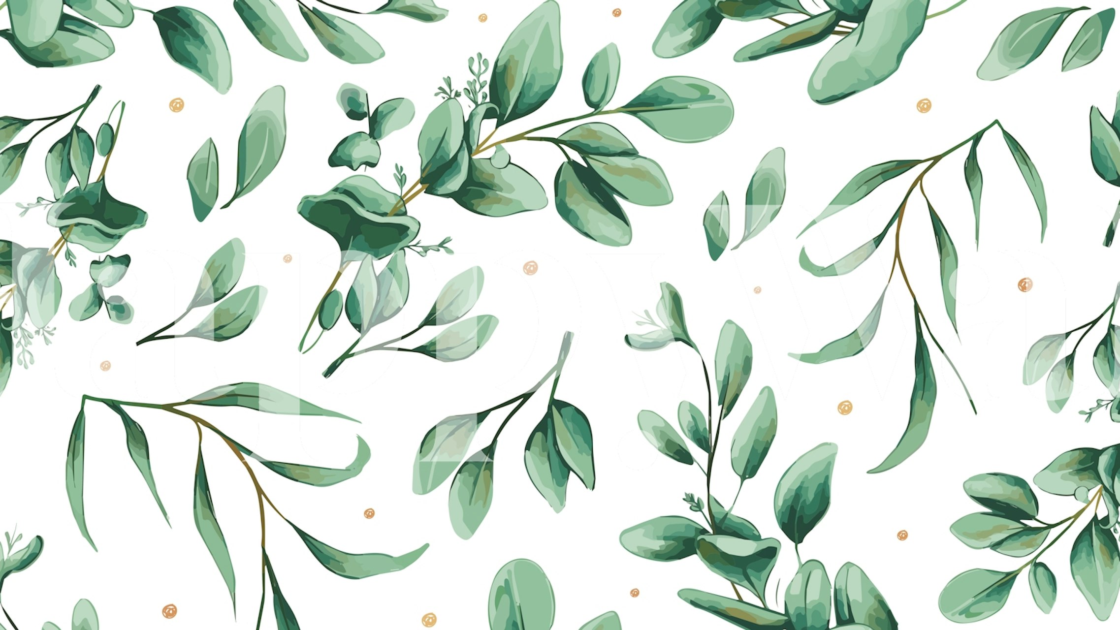 Patrón de hojas de acuarela con follaje verde y sutiles detalles dorados sobre un fondo blanco