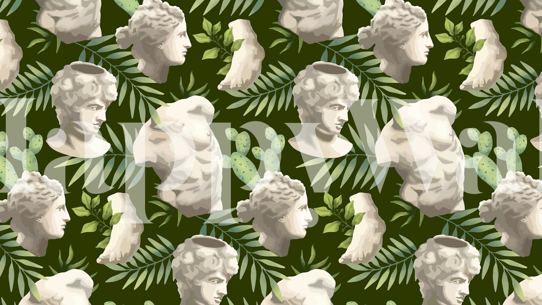 Statues and foliage patterned wall mural depicting an Ancient Greek Garden theme