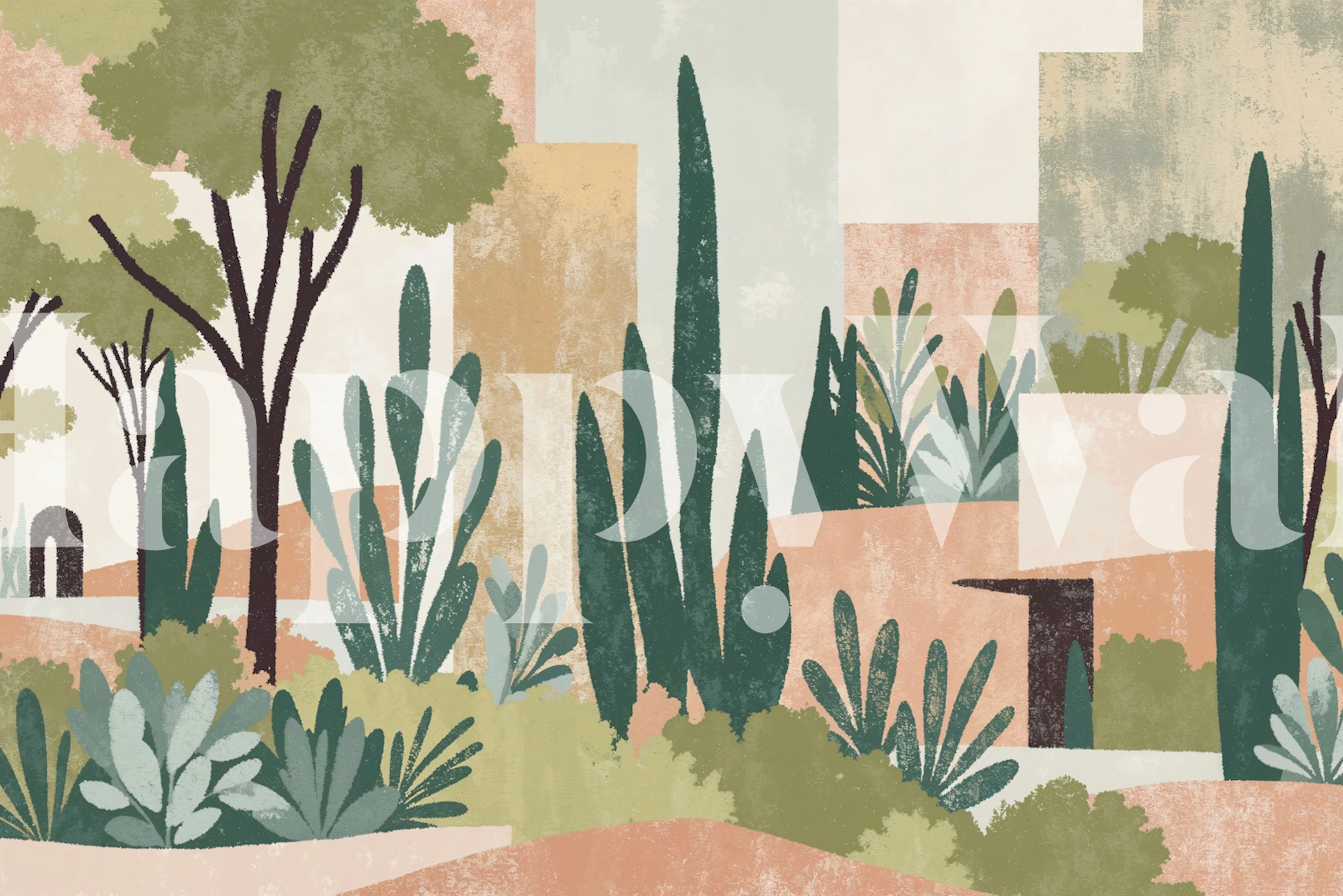 Statues and foliage patterned wall mural depicting an Ancient Greek Garden theme
