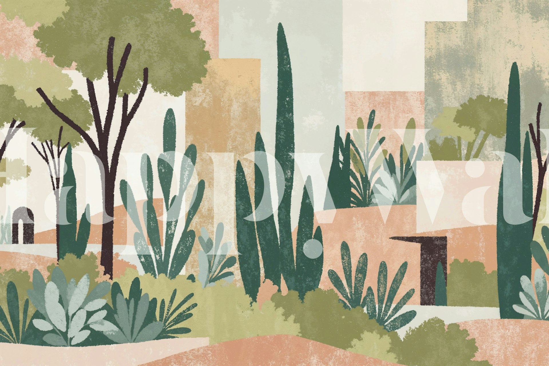 Beelden en muurschildering met bladerenpatroon die een thema uit de Oud-Griekse tuin weergeven