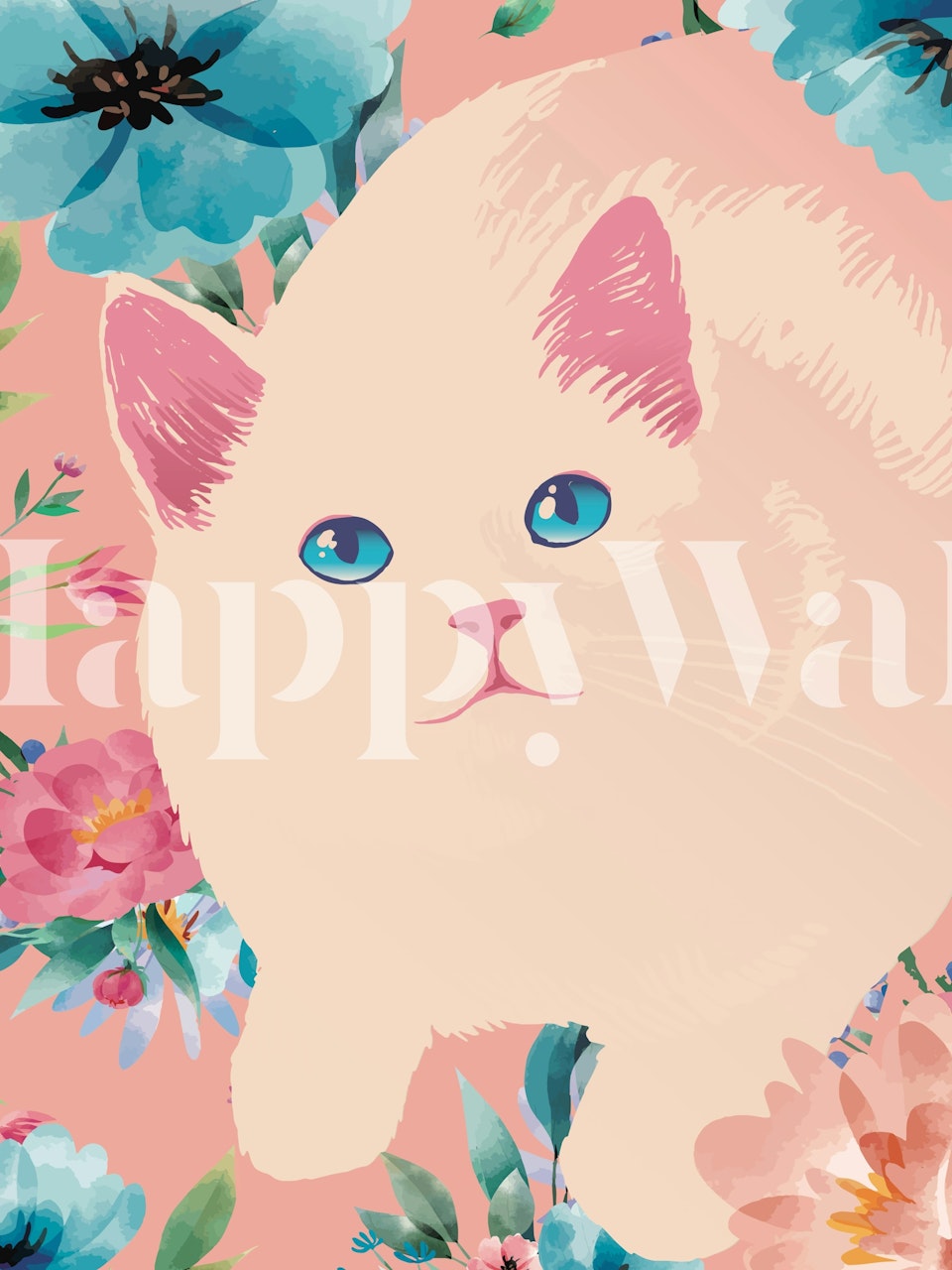 Pastel floral cat design in pink, blue, and green wallpaper