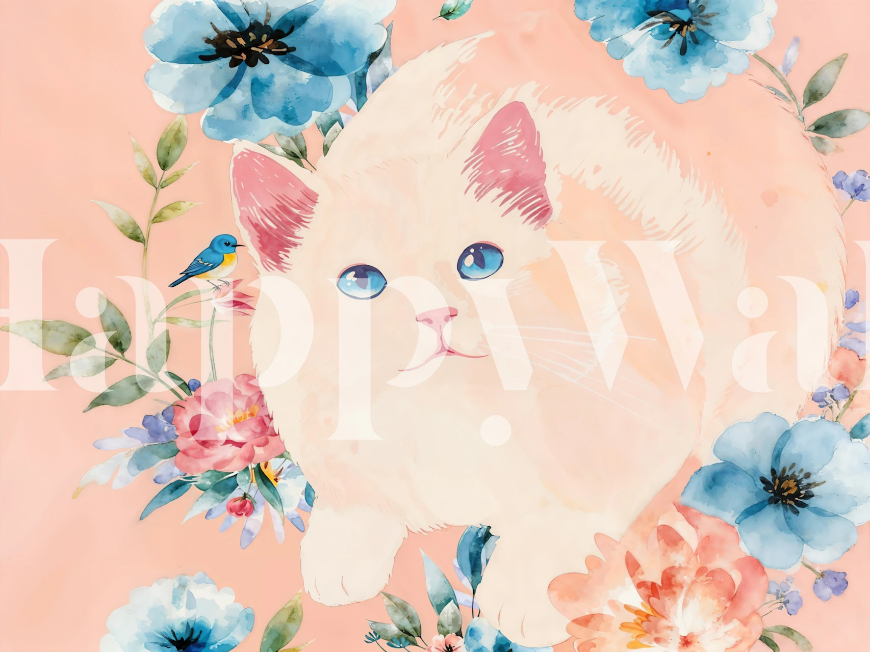 Pastel floral cat design in pink, blue, and green wallpaper