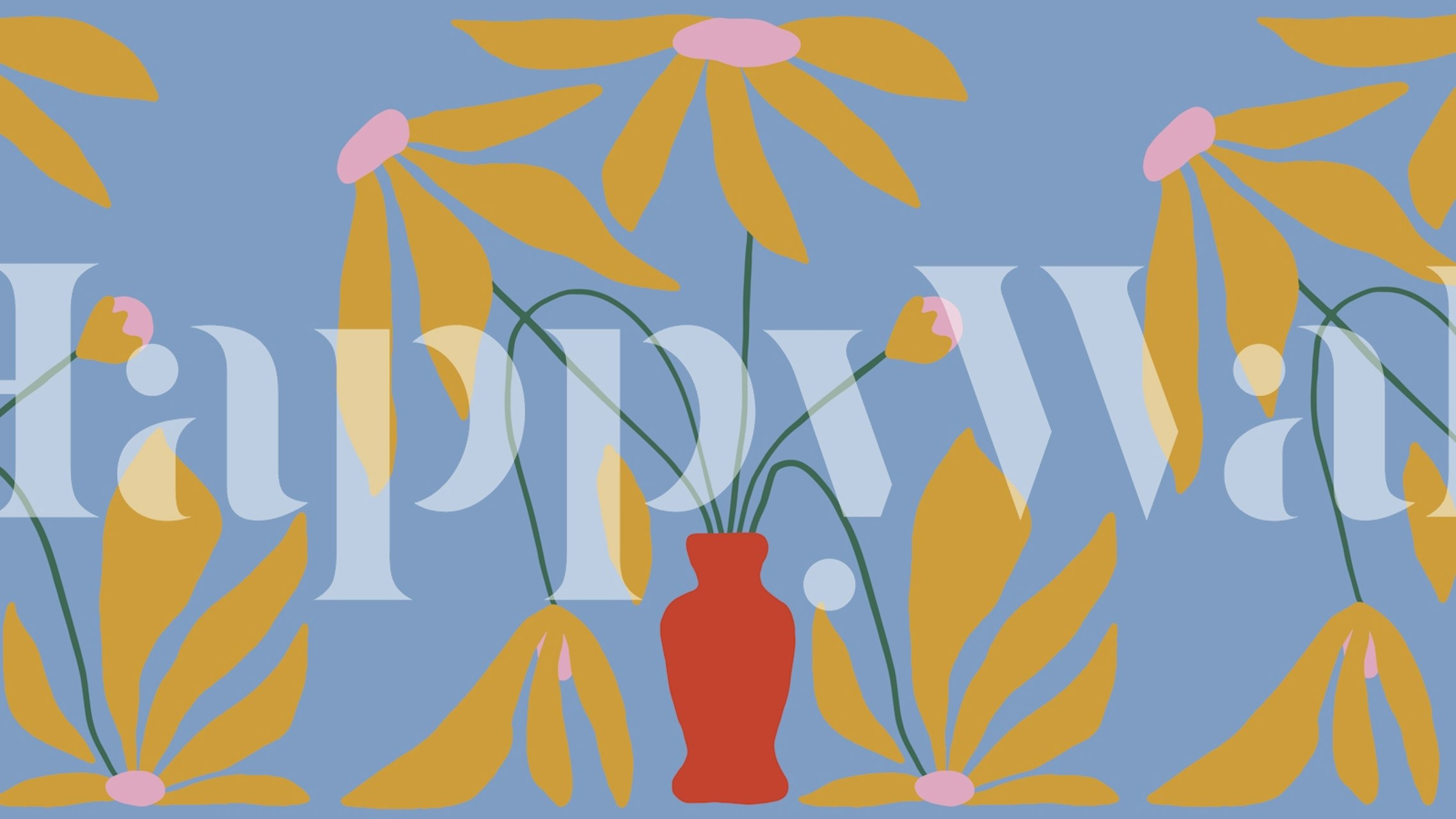 Colorful floral design with yellow petals and pink accents on blue wallpaper