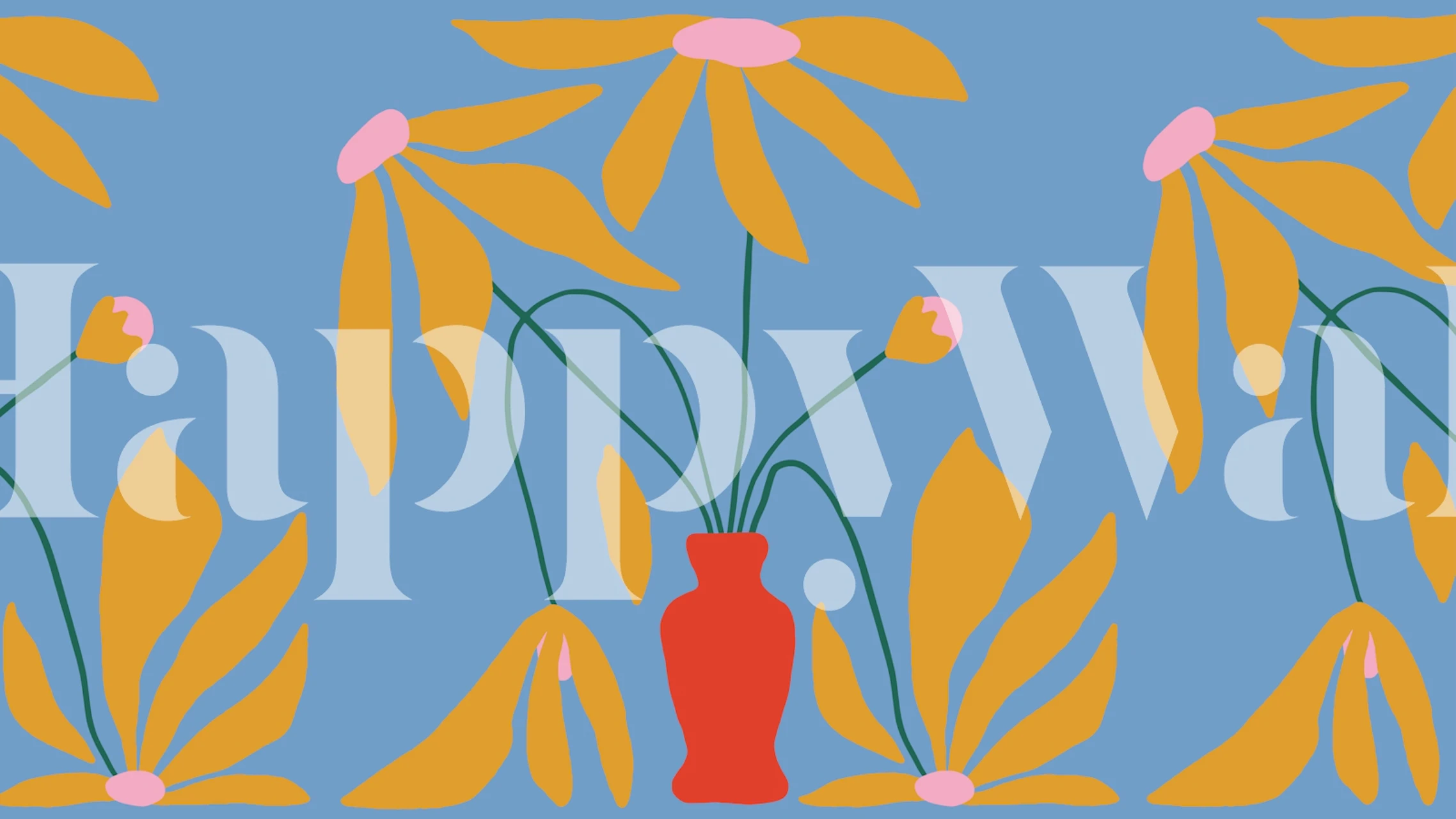 Colorful floral design with yellow petals and pink accents on blue wallpaper