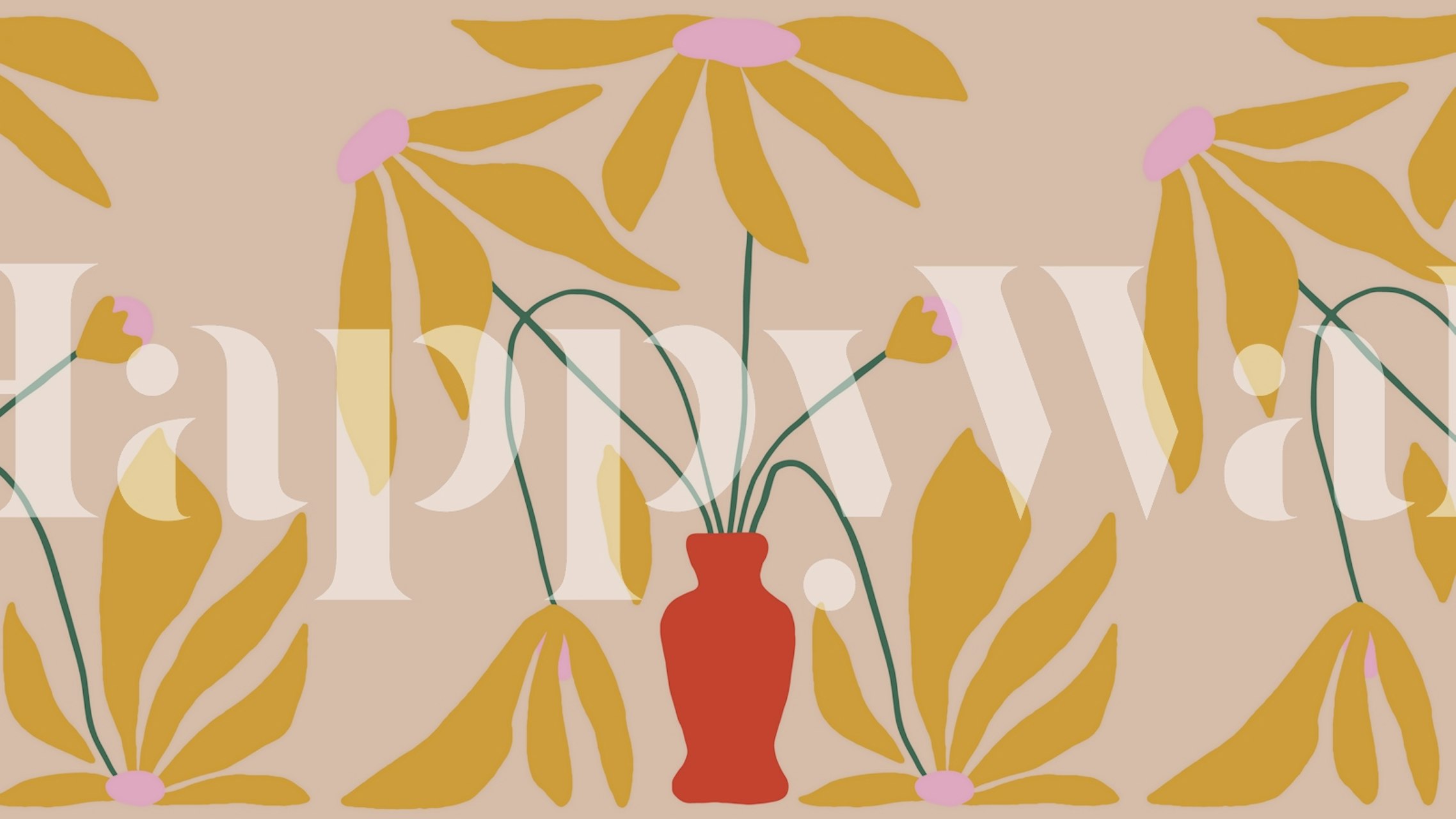 Warm Mid Century Floral wall mural with mustard and terracotta florals on a blush background
