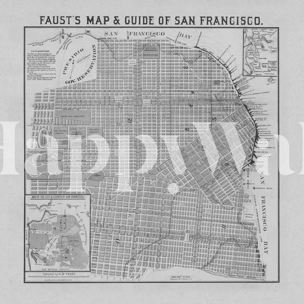 Fototapeta z mapą San Francisco w stylu vintage ze skomplikowanymi szczegółami ulic i historycznym układem
