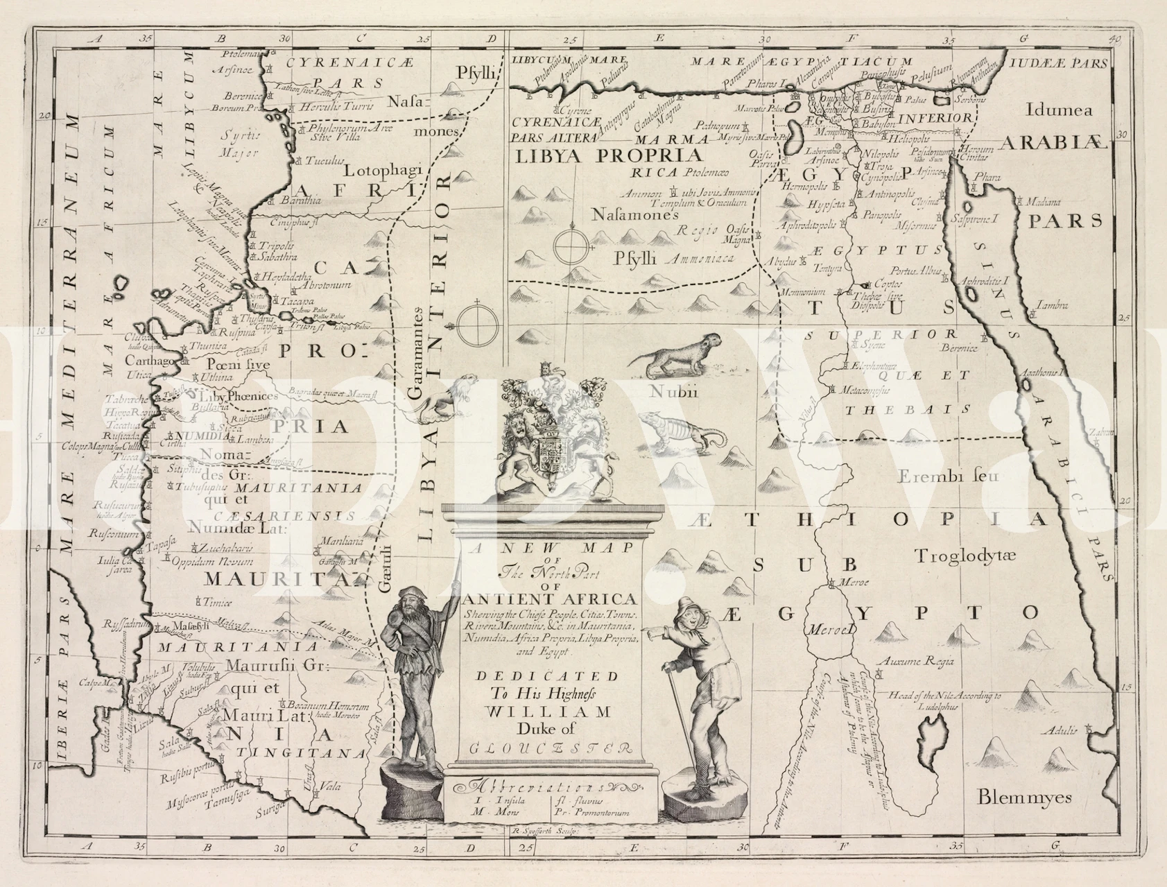 Illustrierte Vintage-Karte des alten Afrikas mit künstlerischen Figuren und Details zur Fauna auf happywall.com