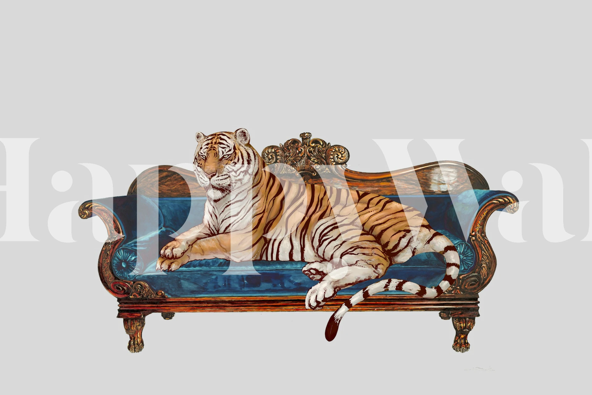Realistic tiger lying on blue velvet couch wallpaper