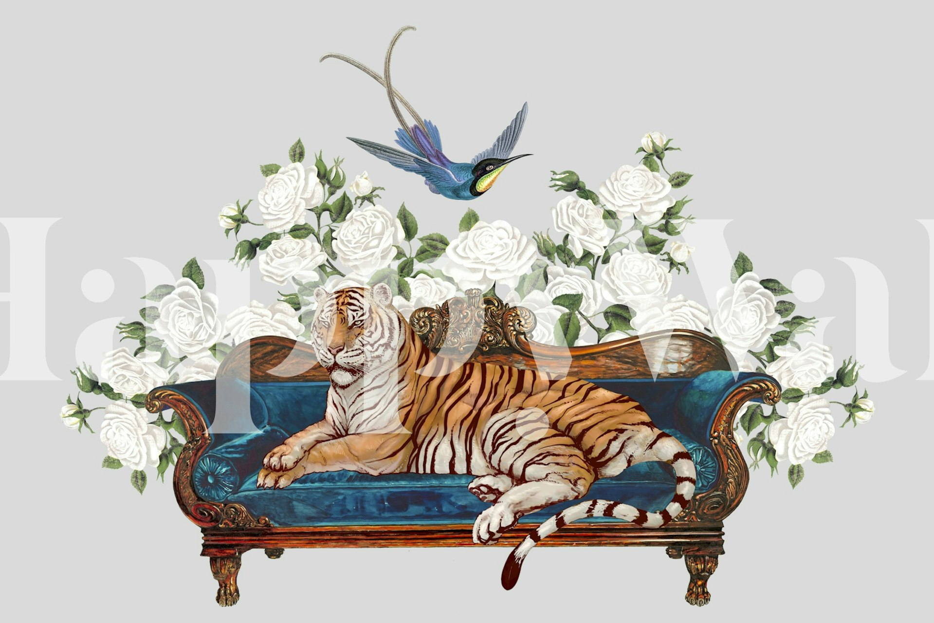 Tiger on an ornate sofa wall mural with white flowers and flying blue swallow