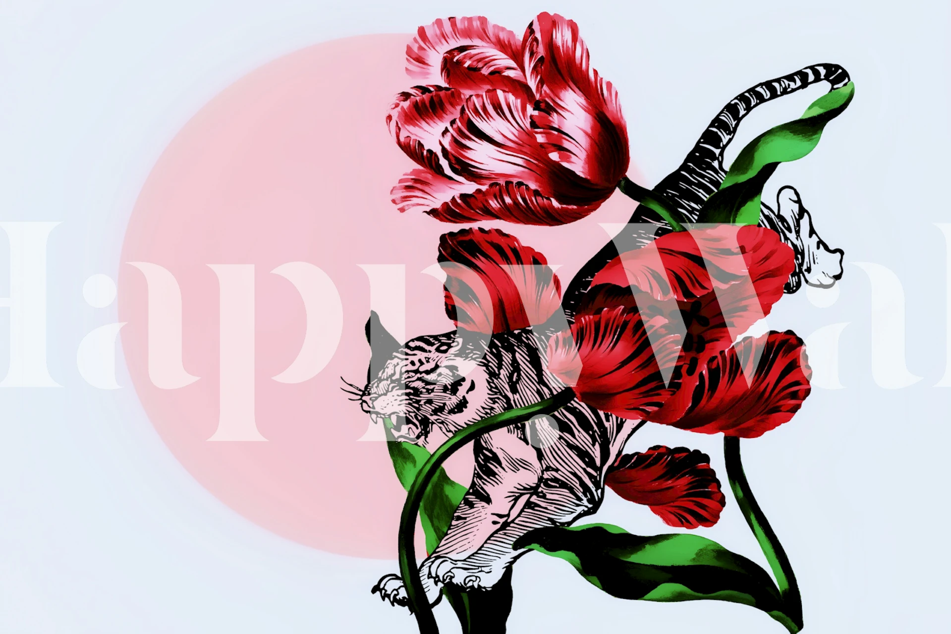Tiger surrounded by red tulips on a soft pink background wallpaper