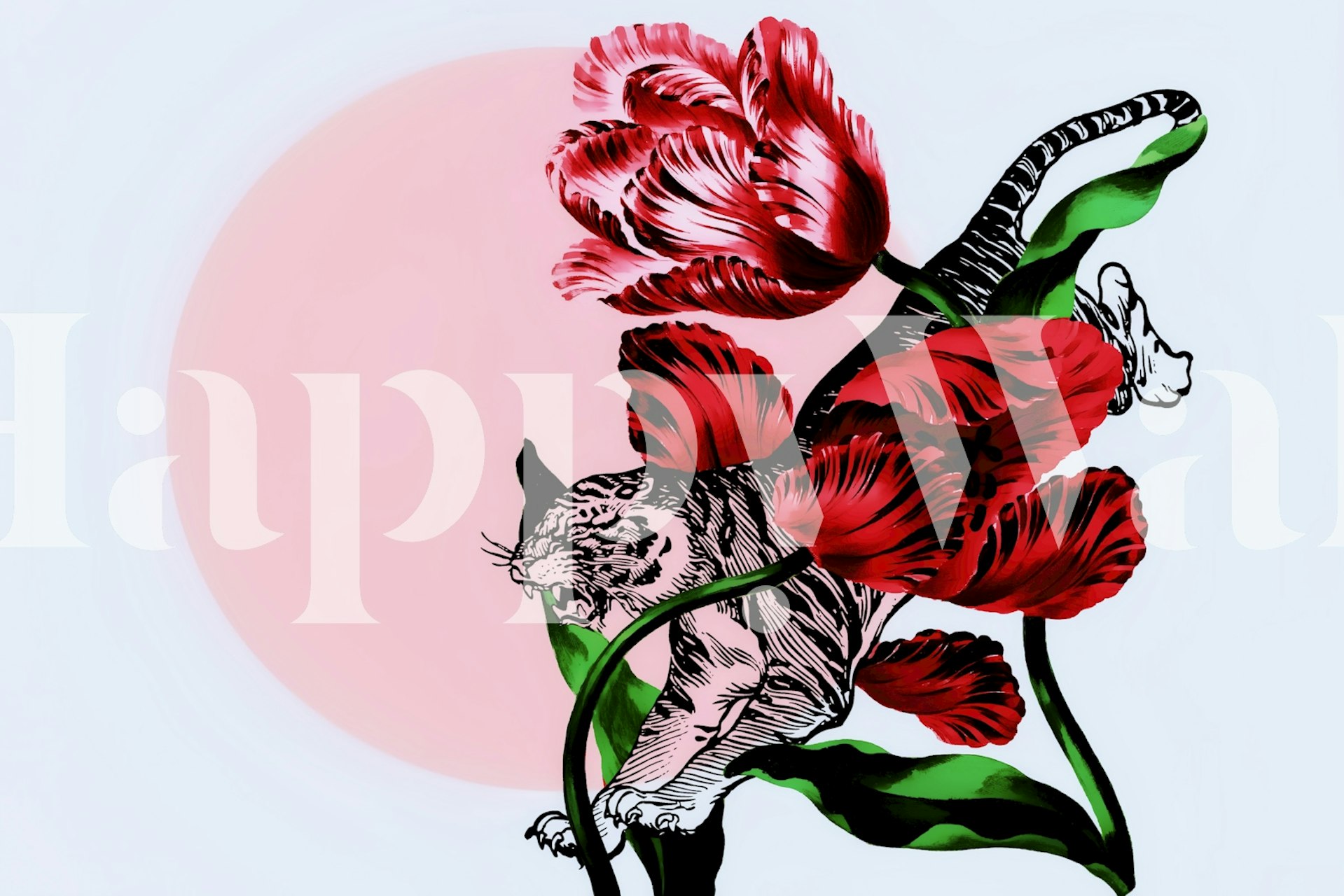 Tiger surrounded by red tulips on a soft pink background wallpaper