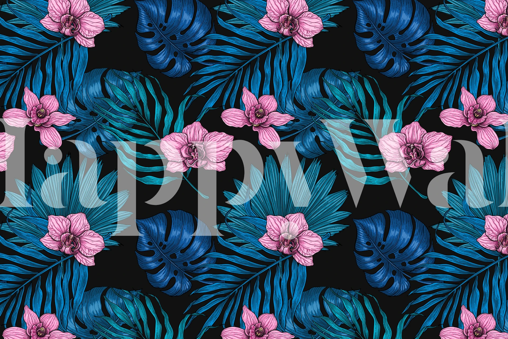 Orchids and palm leaves in pink and blue tones wallpaper