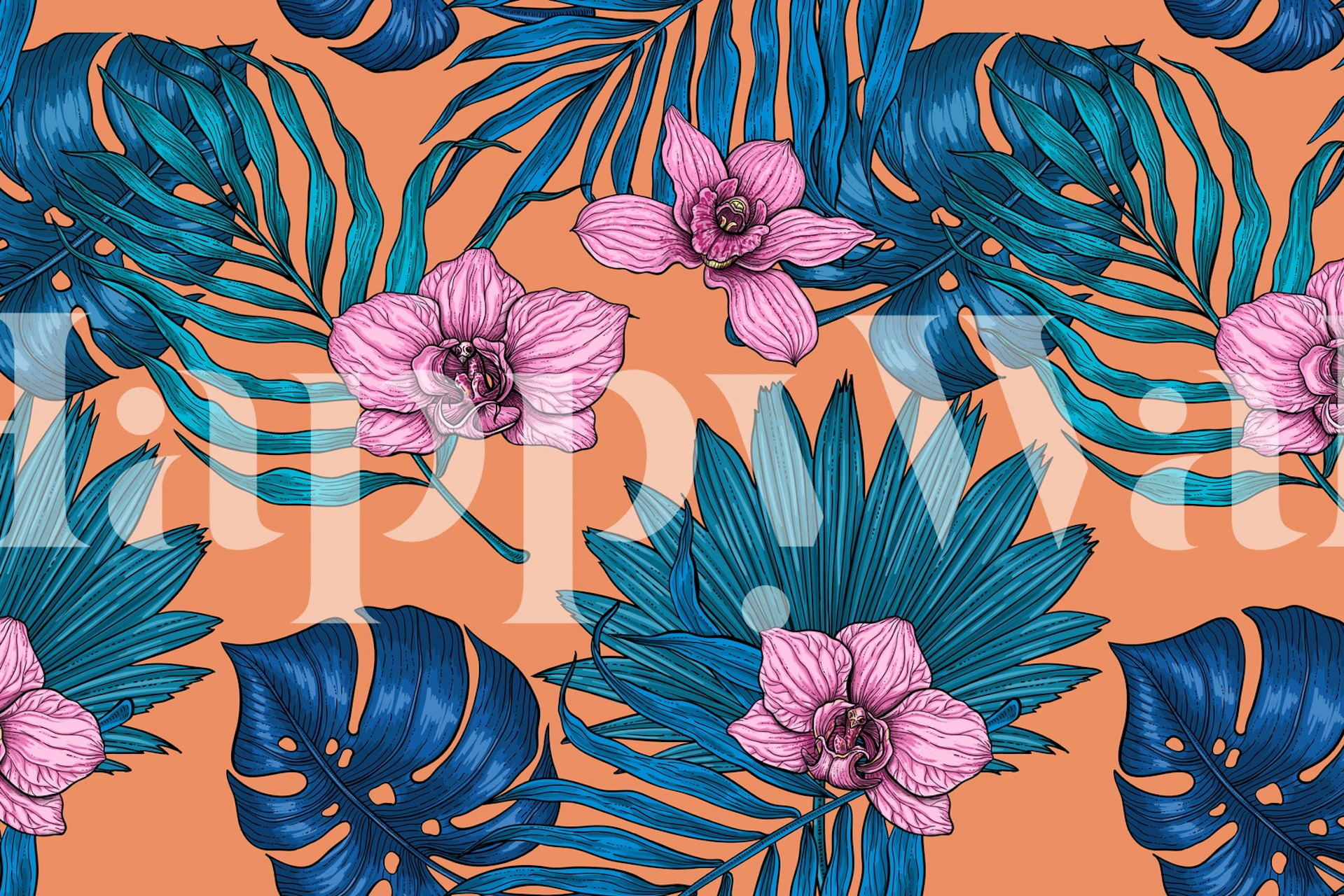 Tropical orchids and palm leaves on orange background wallpaper