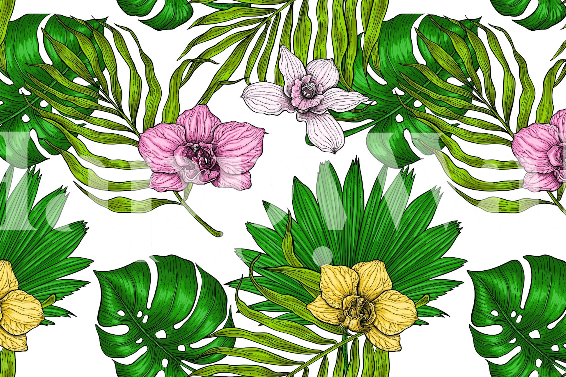 Orchids and Palm Leaves τοιχογραφία με ροζ λουλούδια και πράσινο φύλλωμα