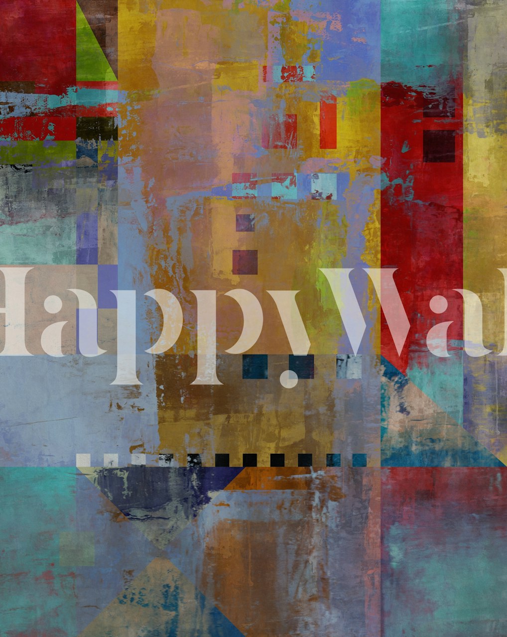 Abstract geometric wall mural with vibrant colors and rustic textures