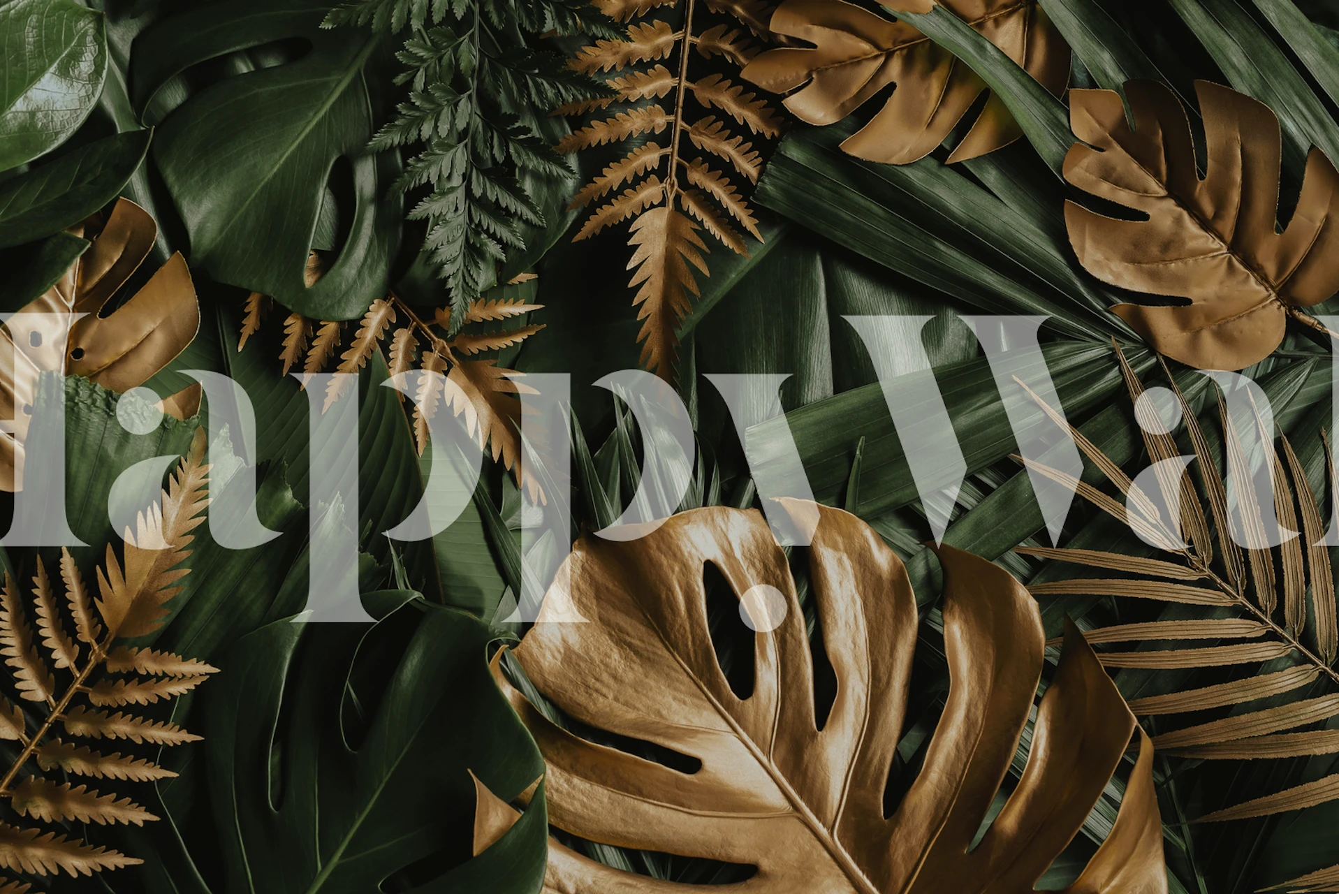 Gold and green monstera leaves wallpaper design