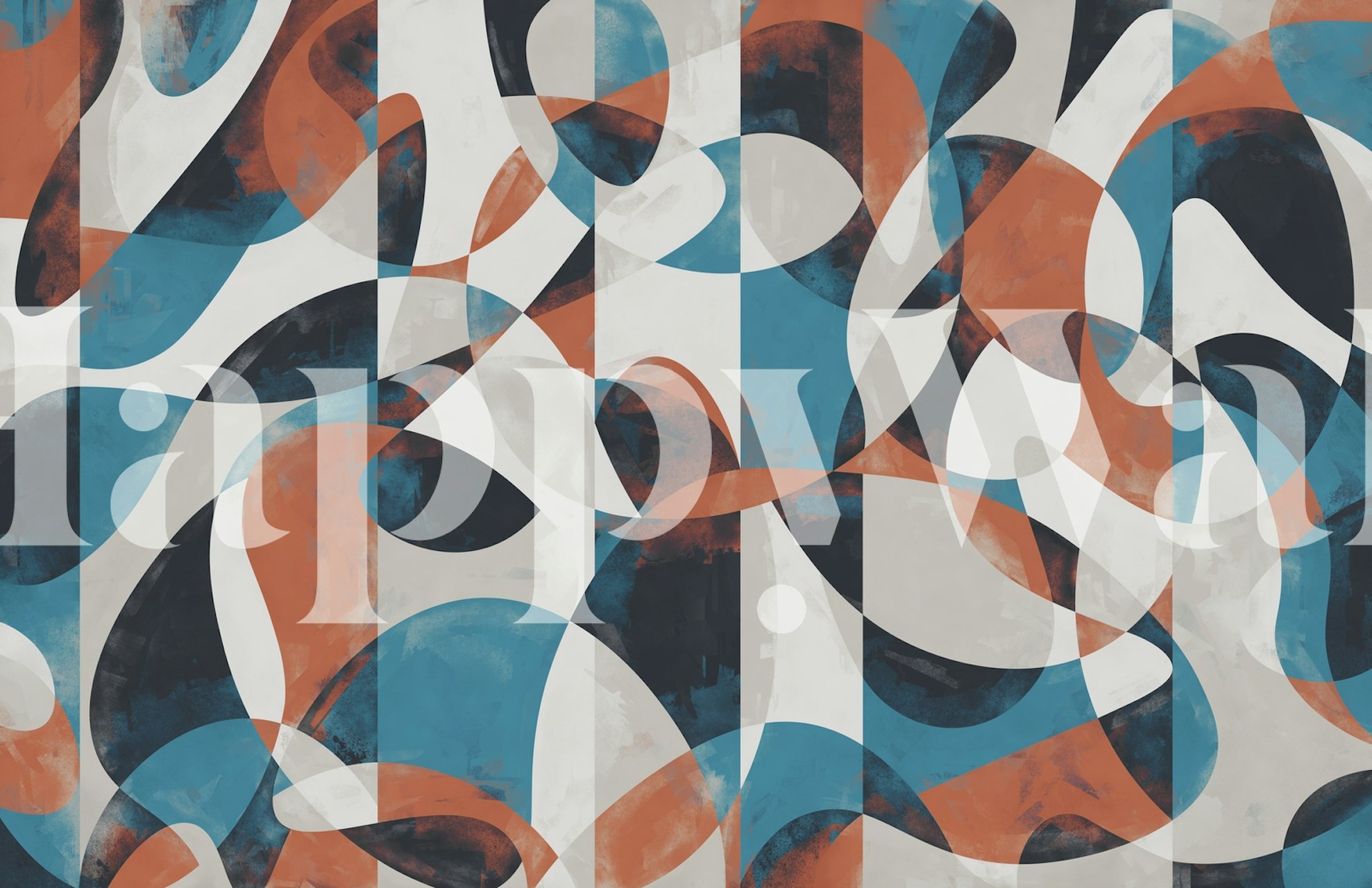 Colorful abstract shapes in blue, orange, and beige wallpaper