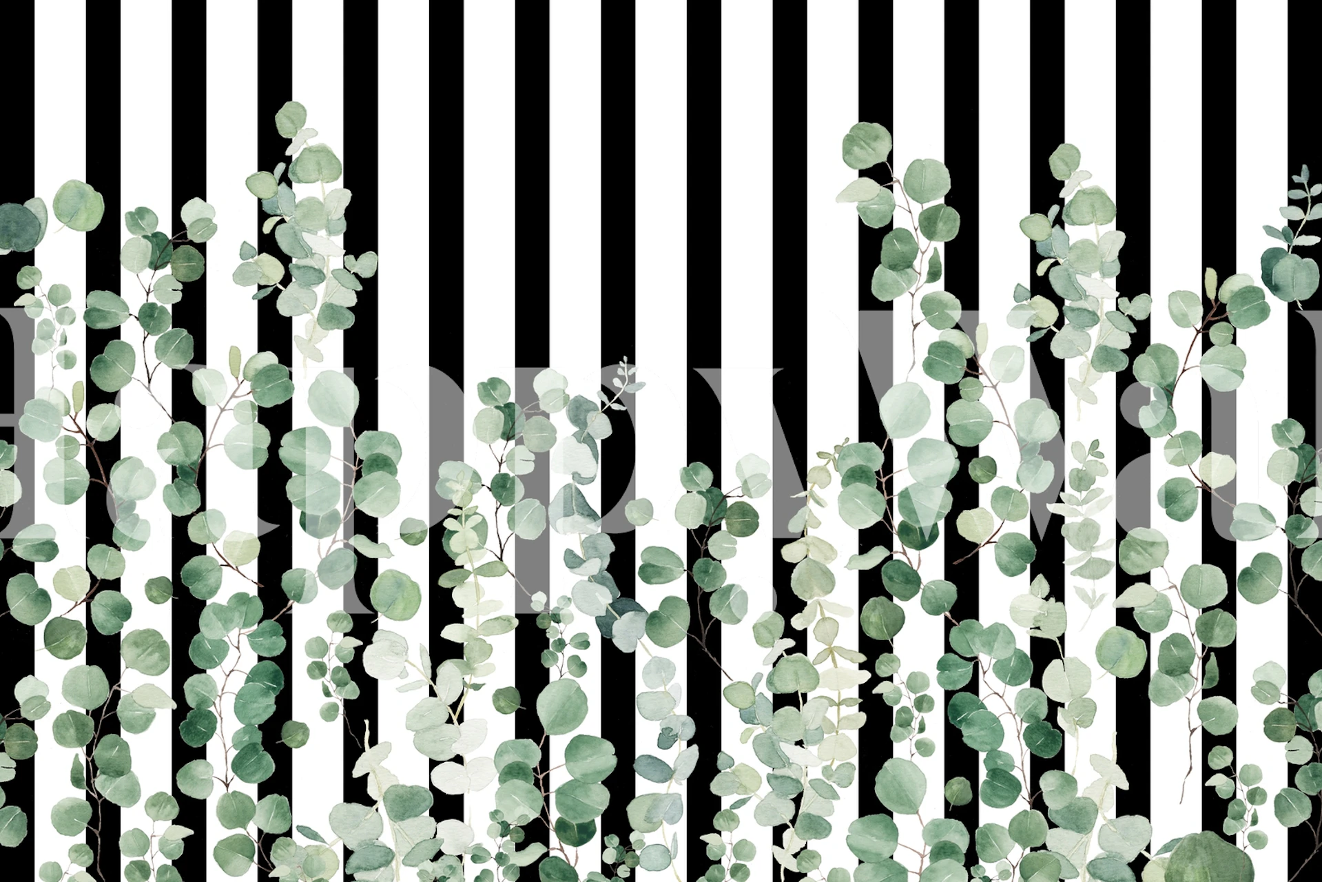 Green leaves against black and white striped wallpaper