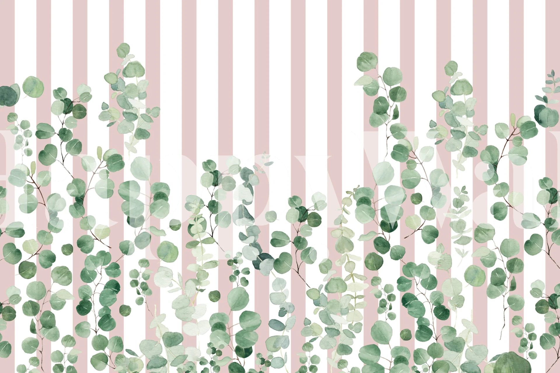 Botanical leaves against blush pink striped wallpaper