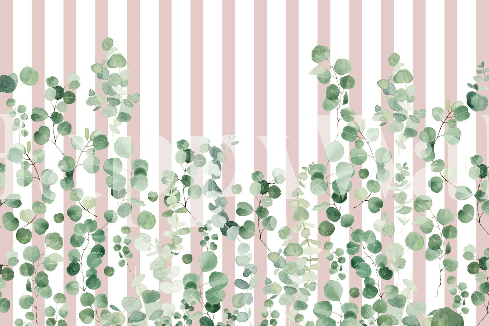 Botanical leaves against blush pink striped wallpaper