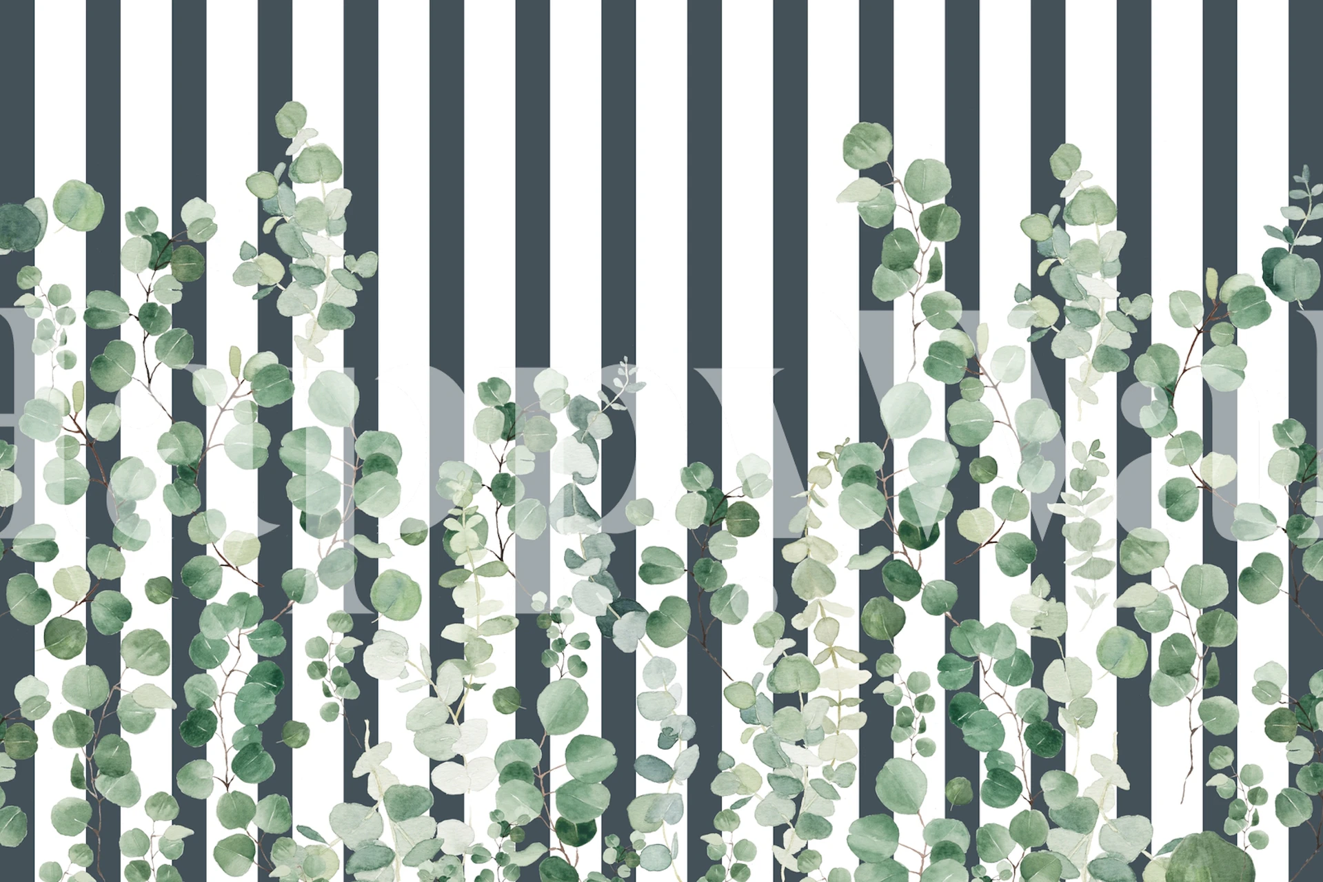 Grünes Laub auf Botanical Stripes Navy im Raum