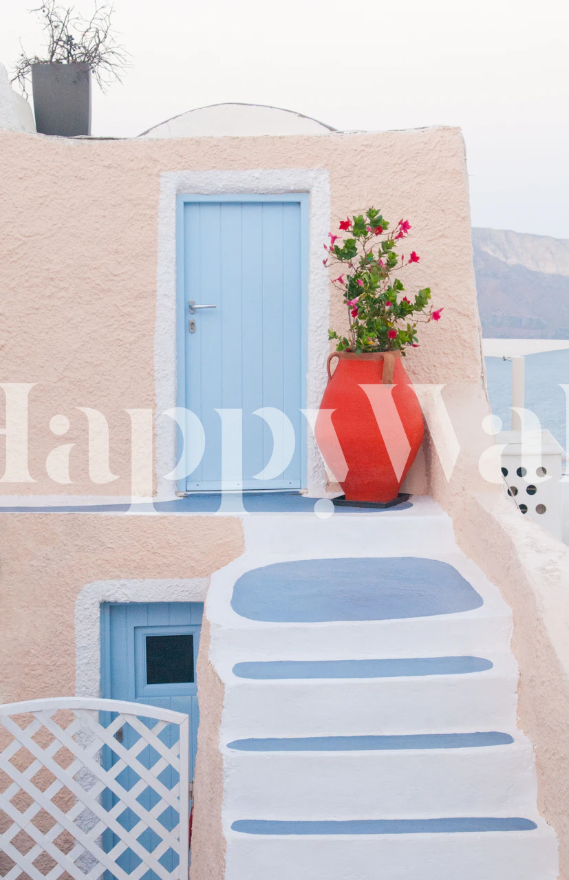 Santorini-style architecture in pink and blue colors wallpaper