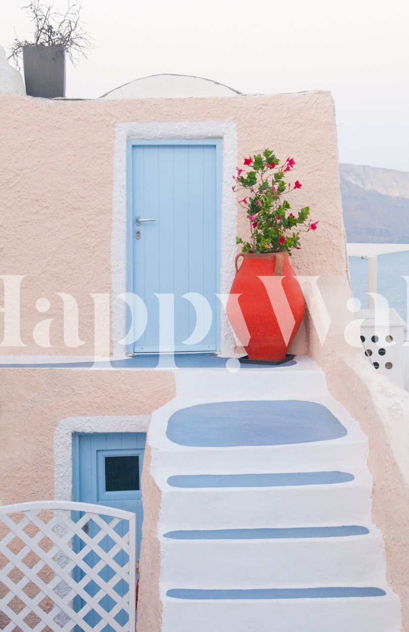 Santorini Oia vægmaleri med blå dør og rød vase