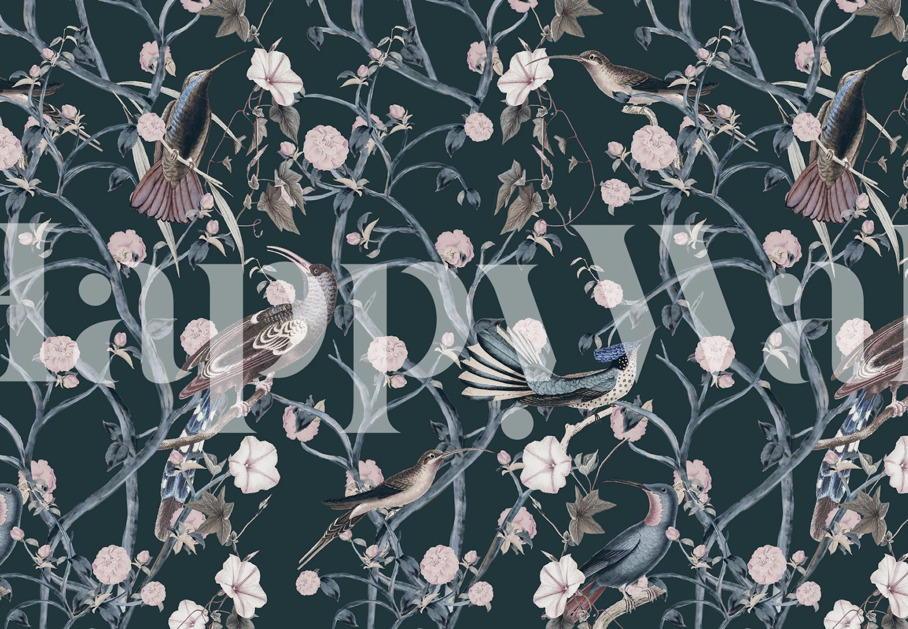 Tapeta ve stylu Chinoiserie s ptáky a kvetoucími stromy na zeleném pozadí