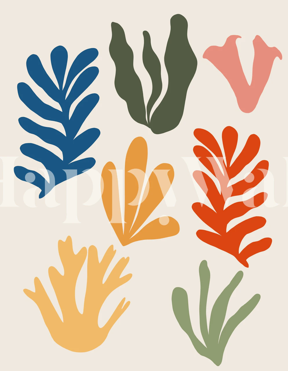 Stylized abstract seagrass wall mural with a variety of colorful shapes on a neutral background