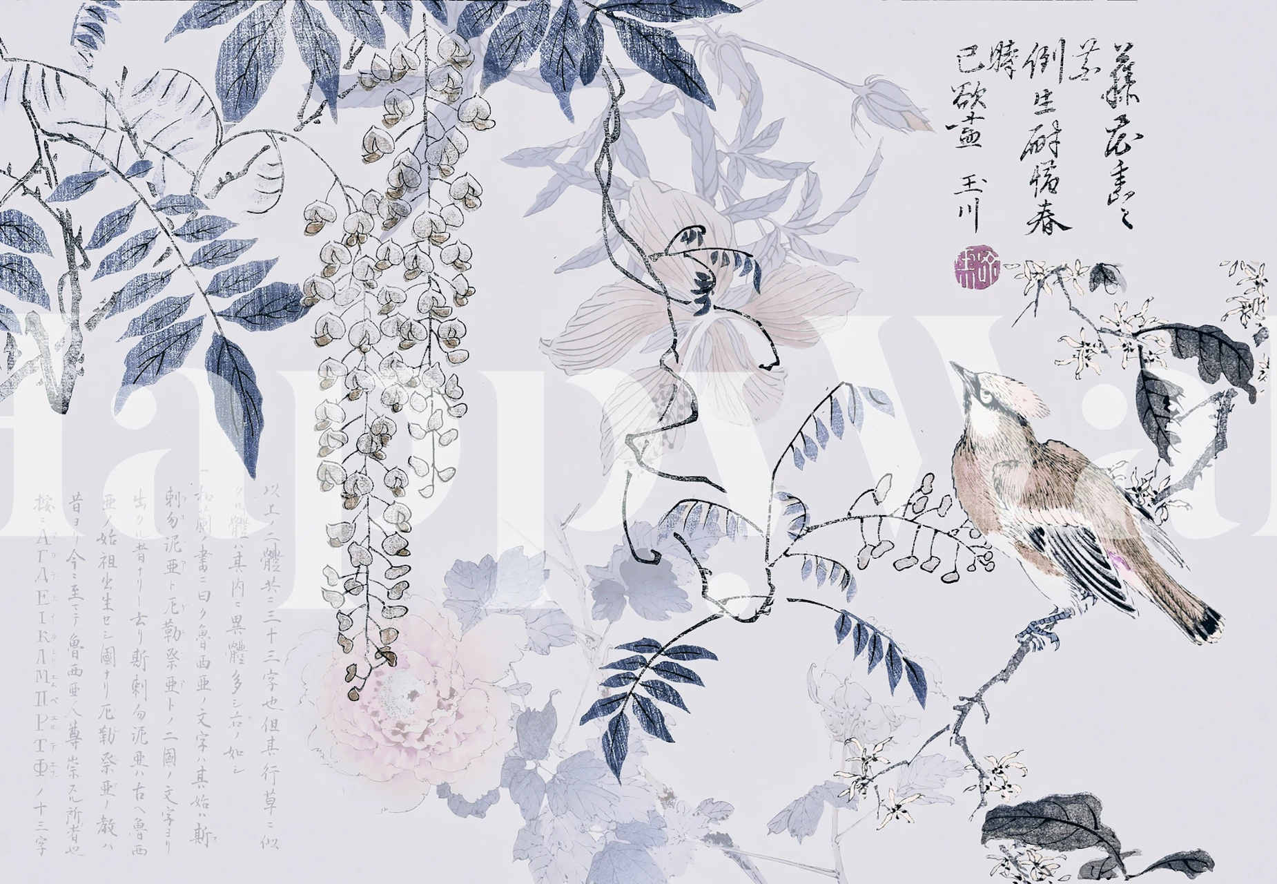 Elegant Chinoiserie wall mural with birds and wisteria