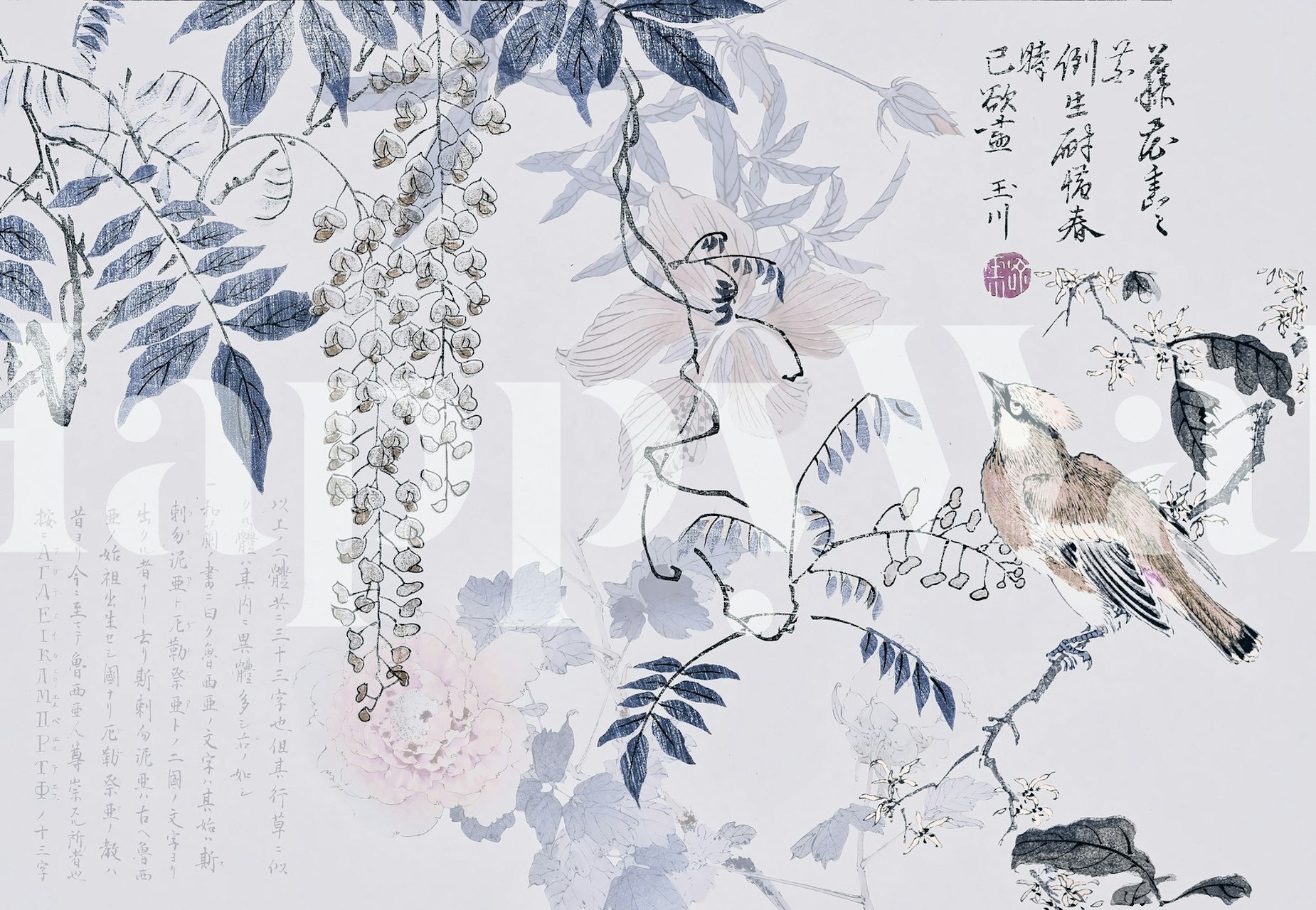 Elegant Chinoiserie wall mural with birds and wisteria