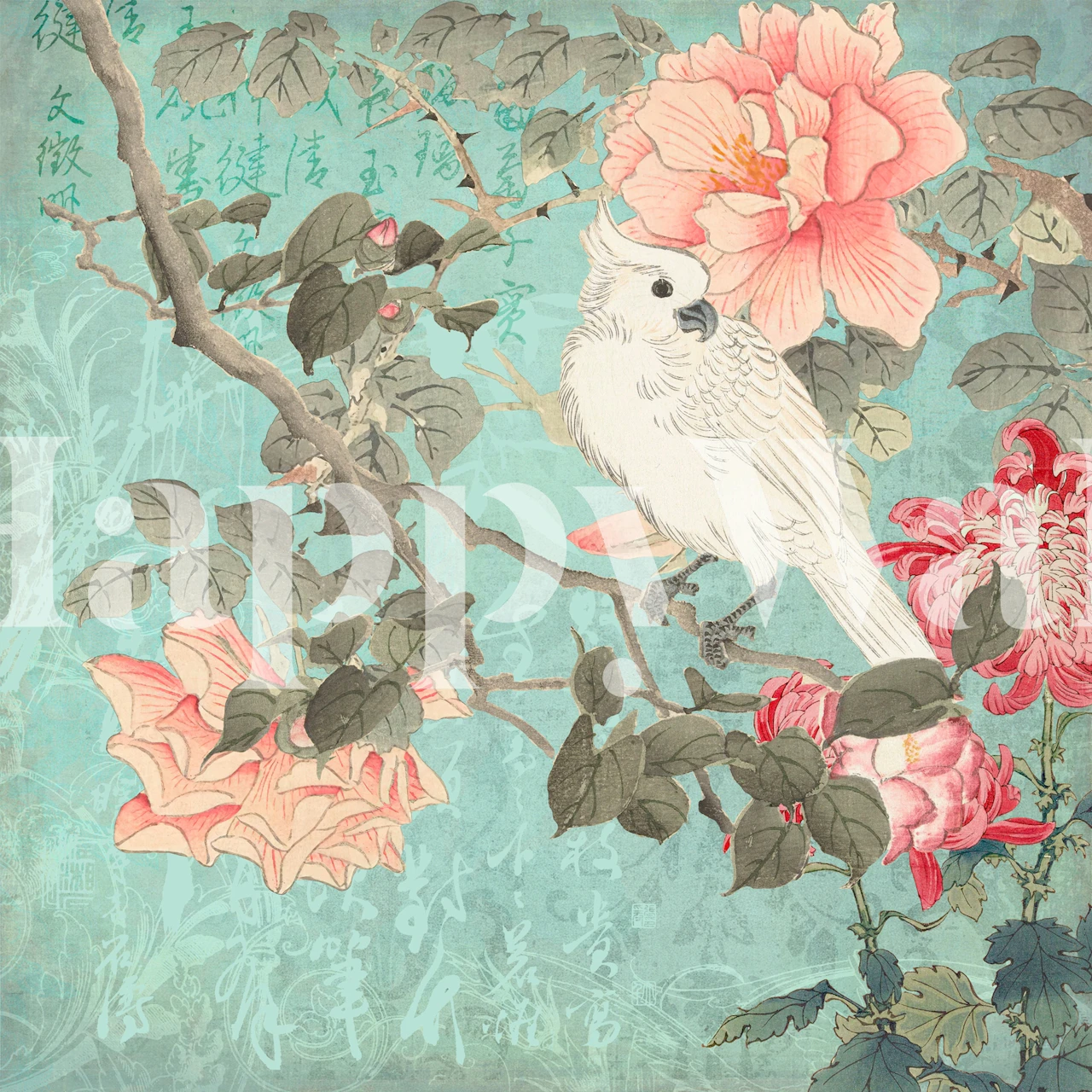 Cockatoo and pink peonies on a blue background wallpaper