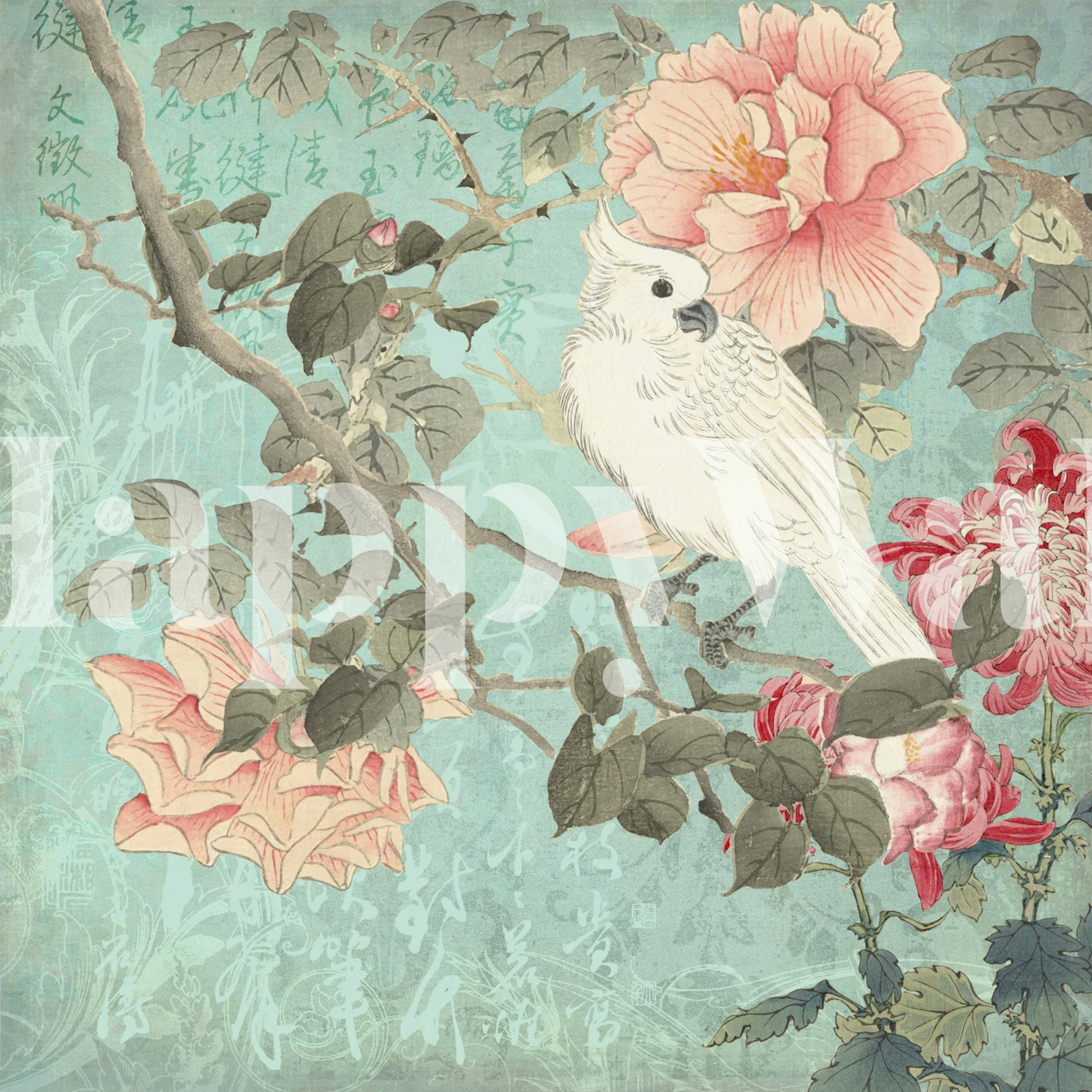 Chinese cockatoo wallpaper in a styled room