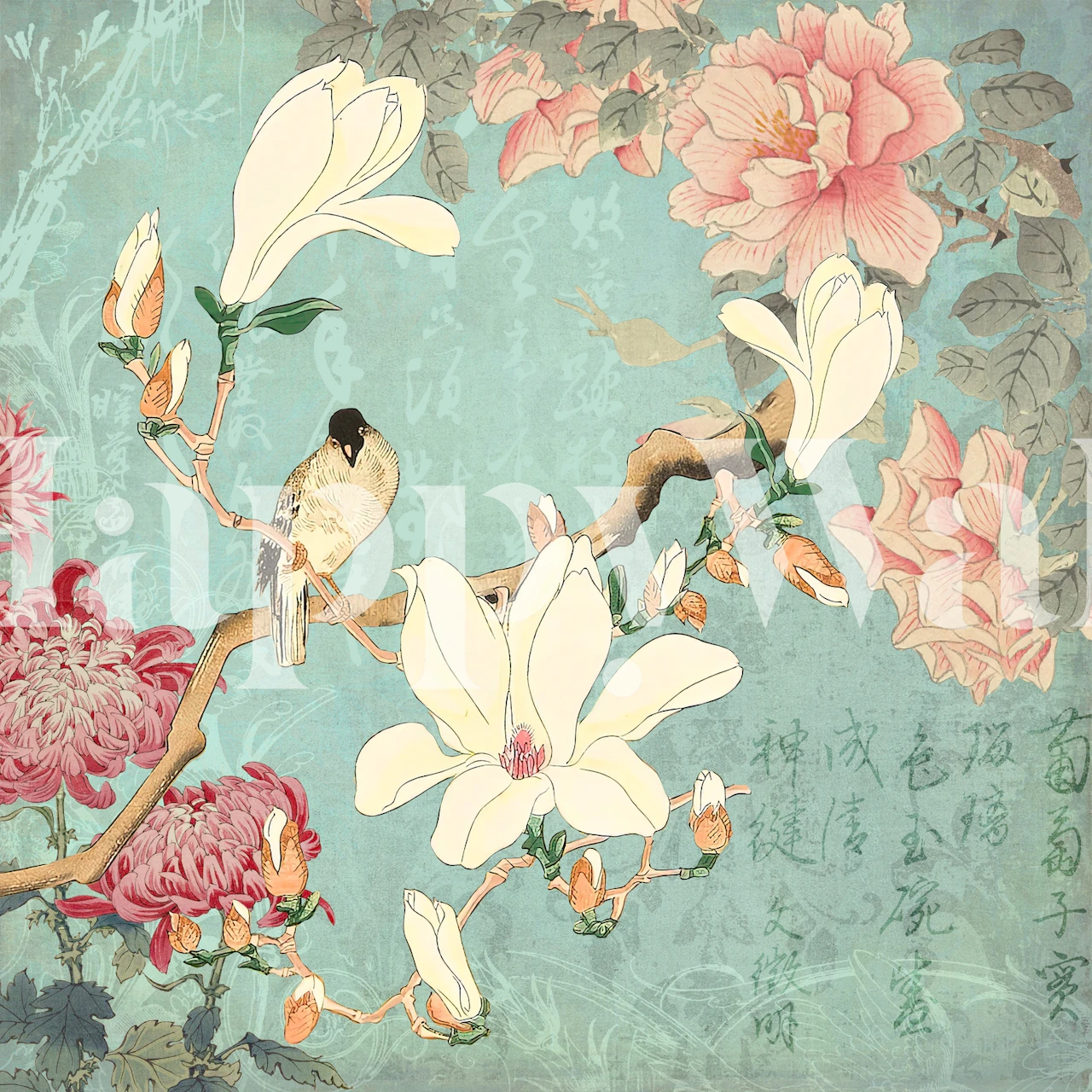 Wandbild eines chinesischen Magnoliengartens mit Vögeln und Blüten auf blaugrünem Hintergrund