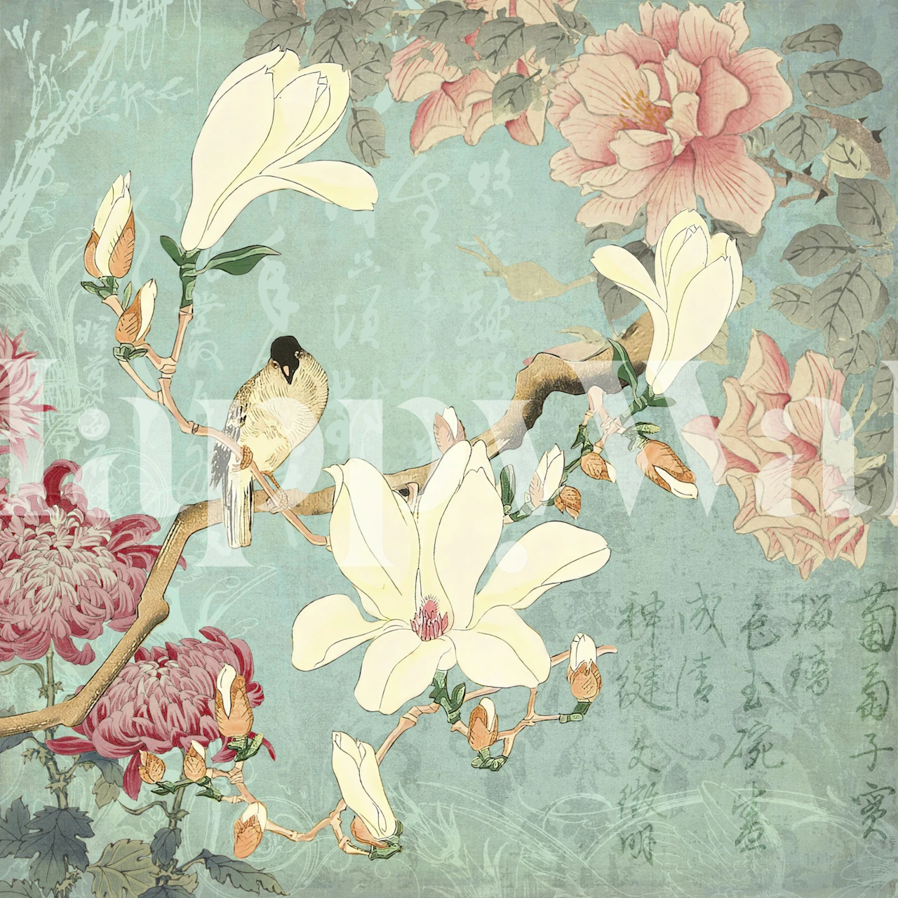 Chinese magnolia behang in een turquoise kamer
