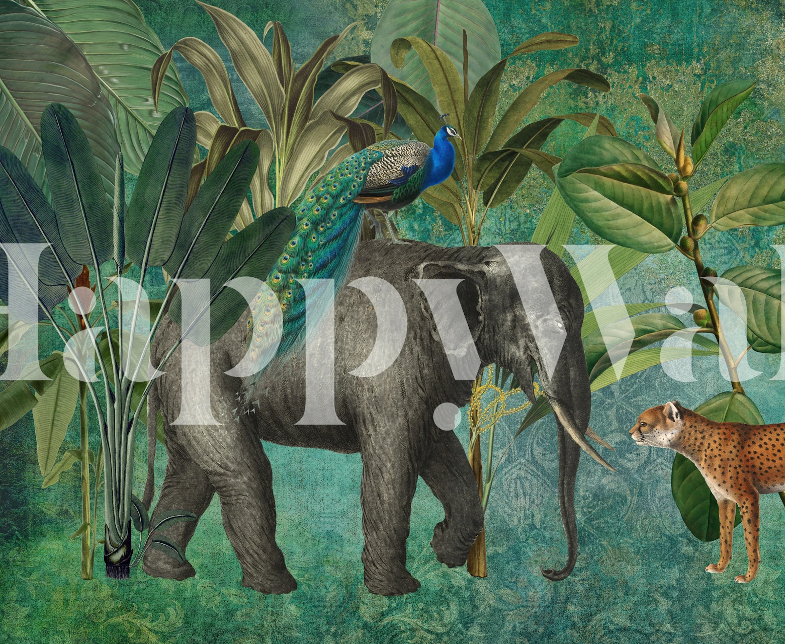 Elephant amidst tropical plants and peacock feathers wallpaper