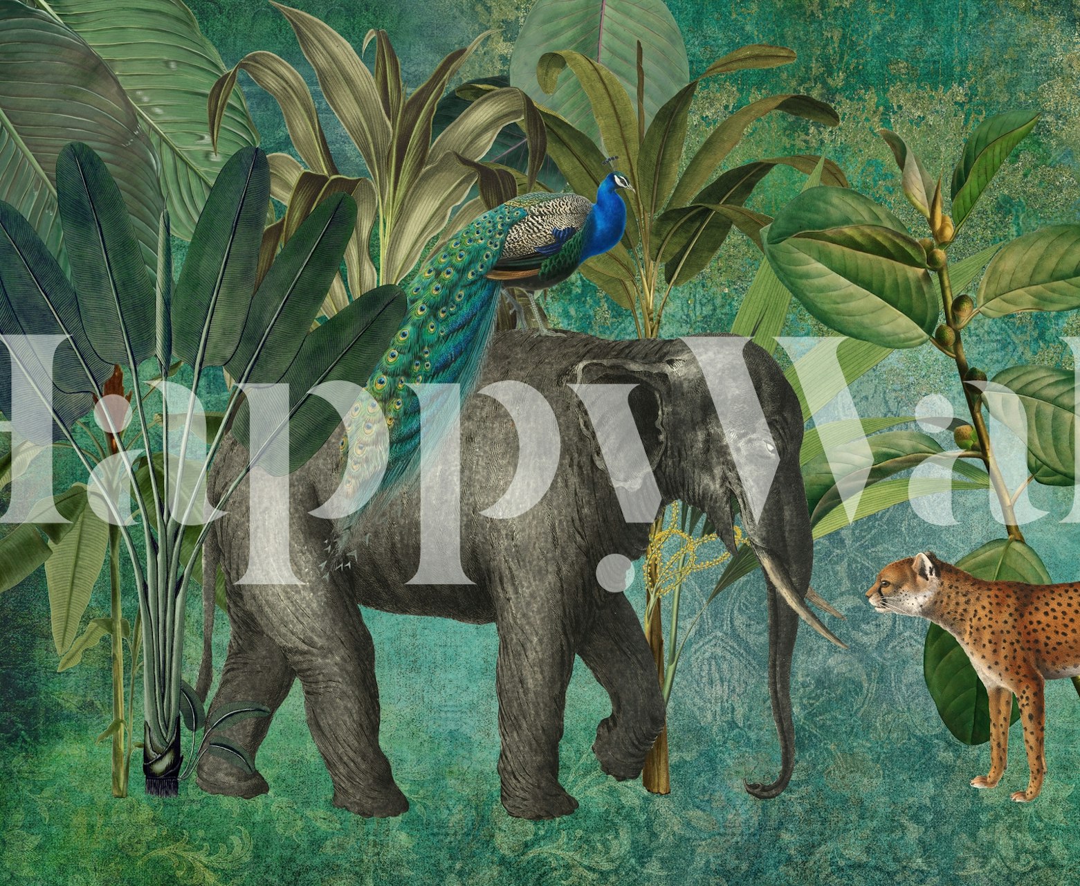 Slon s paunom i tigrom u zidnoj tapeti tropske džungle