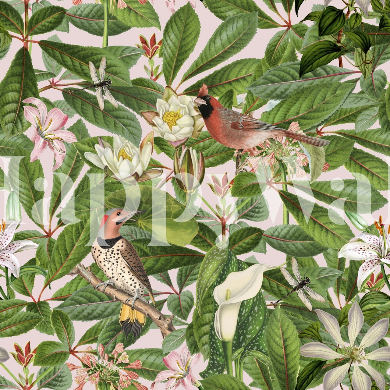 Wall mural of birds and summer flora in a paradise garden setting.