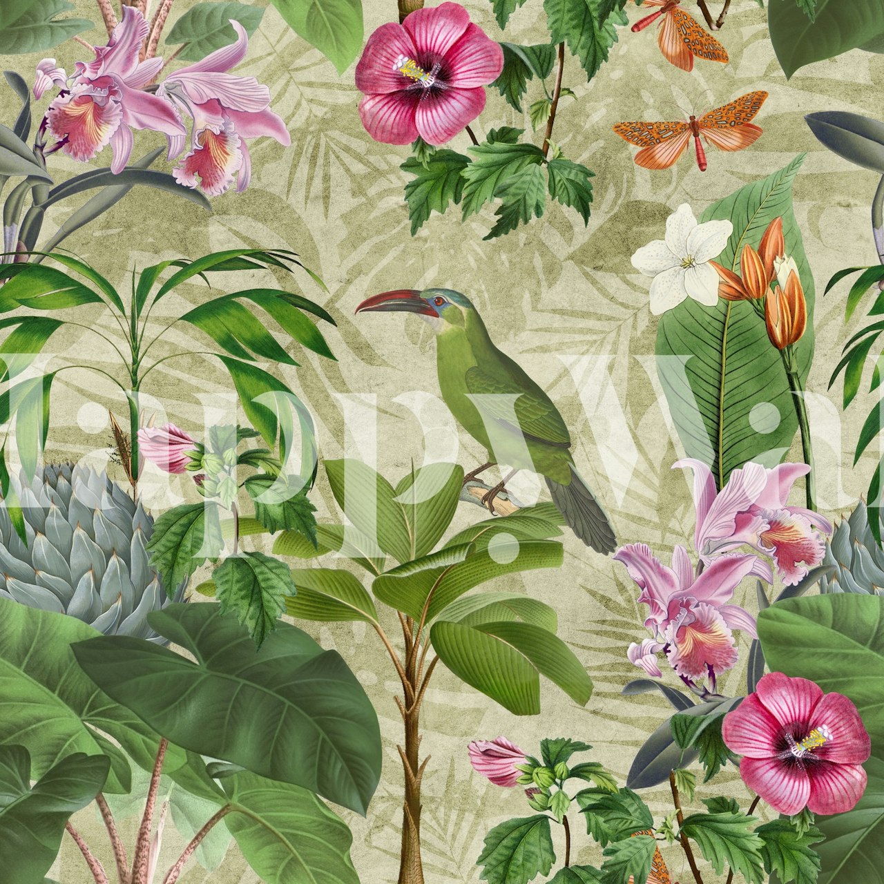 Toucans και τροπική χλωρίδα σε τοιχογραφία