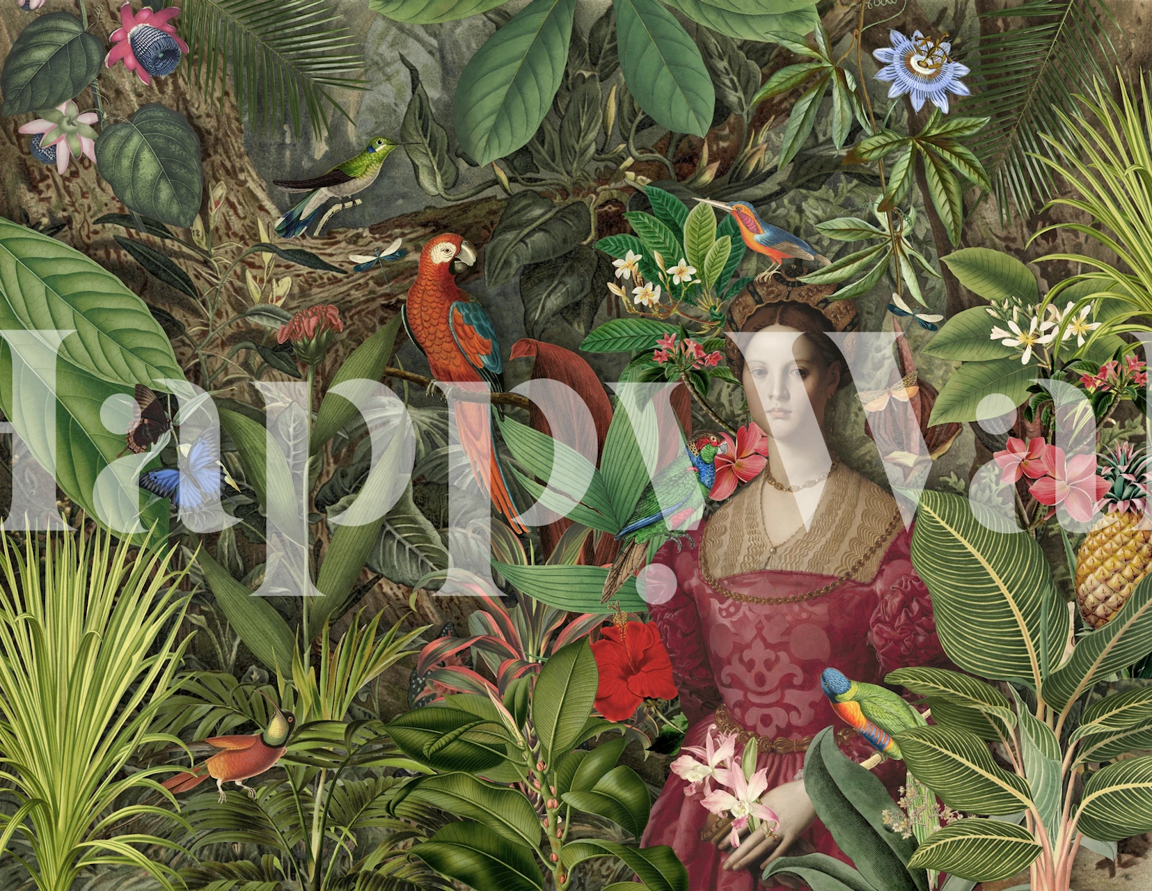 Colorful tropical jungle wallpaper with birds and plants