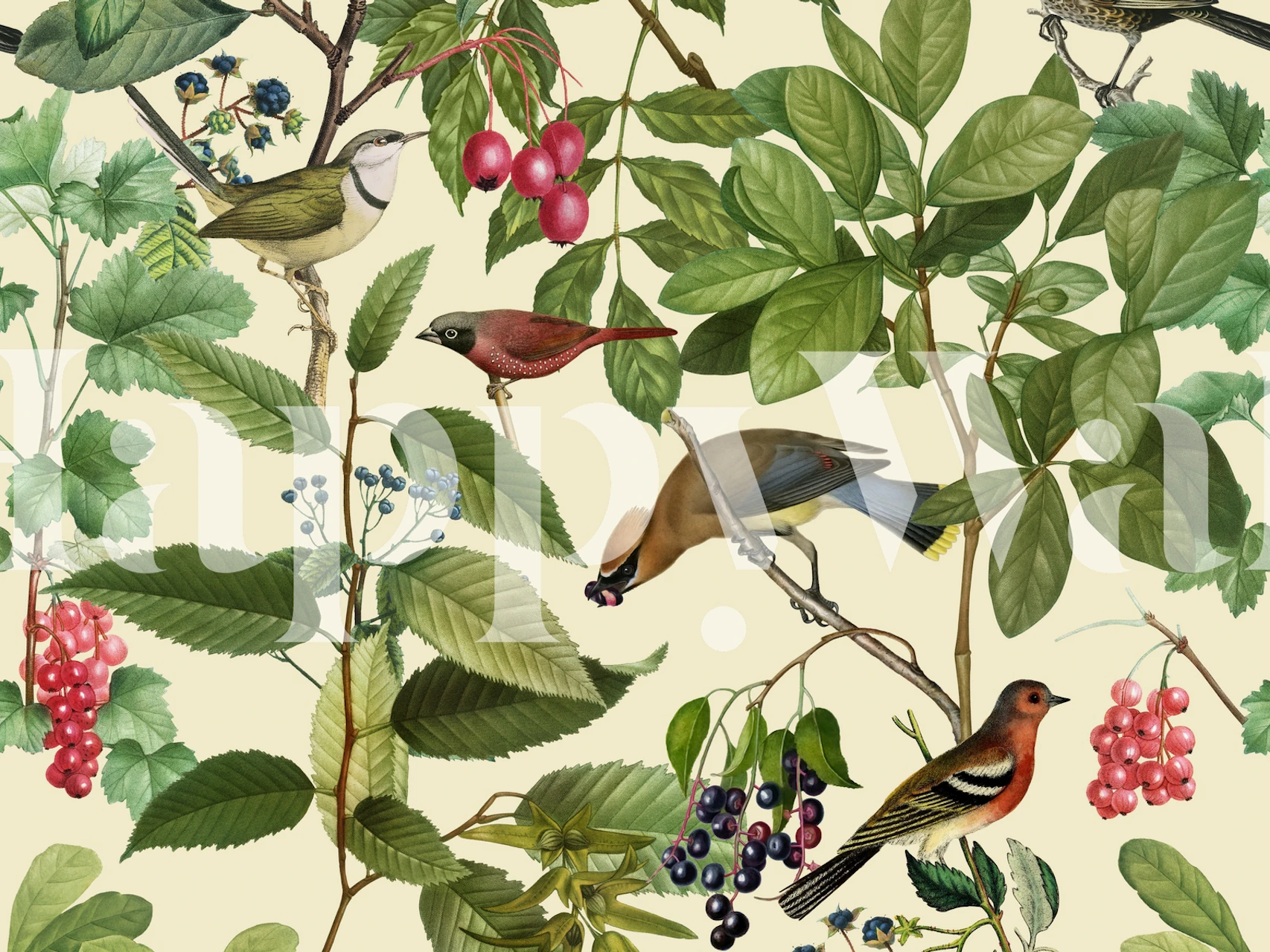 Illustrerende veggmaleri av fugler plassert på grener med bær og grønne blader på en myk bakgrunn.