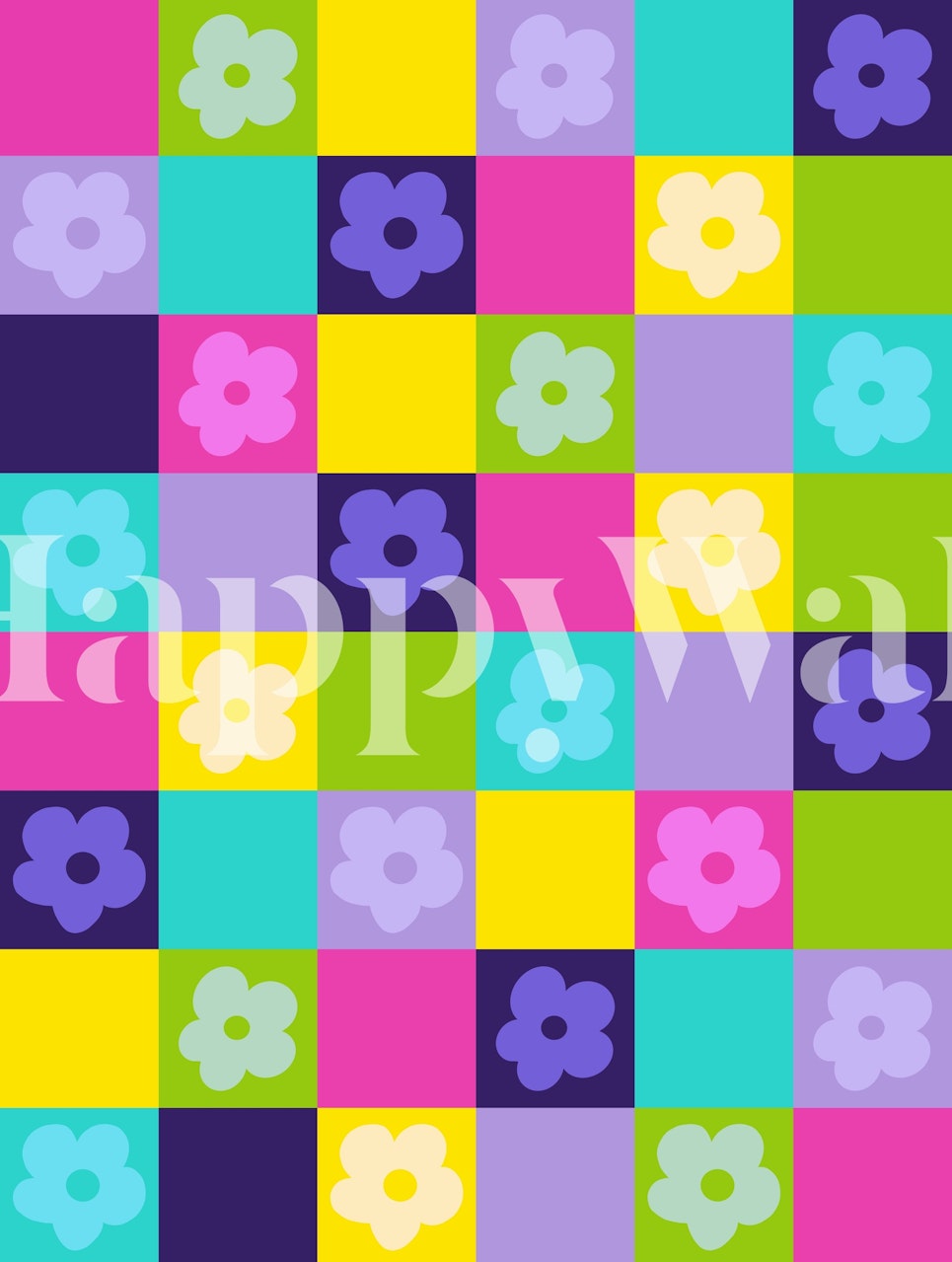 Colorful 80s-inspired neon checkered wall mural with simple flower patterns