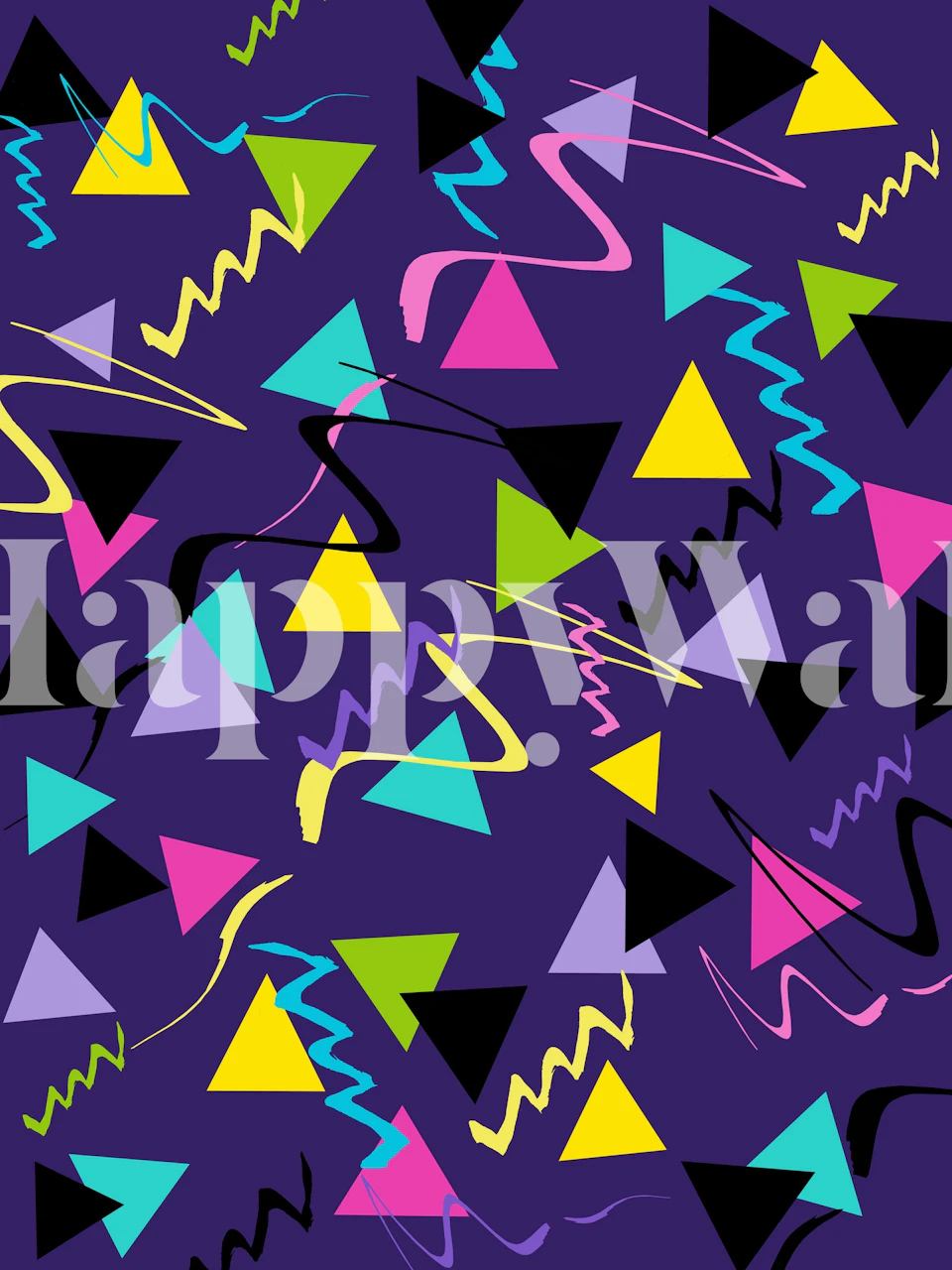 80s inspired wall mural with neon shapes on a purple background