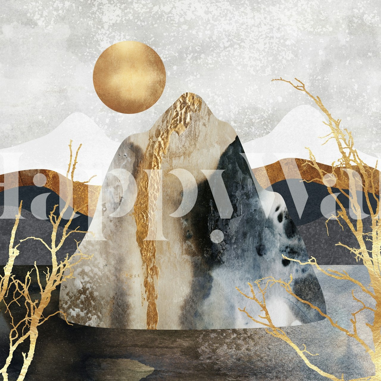 Abstract mountain design with gold accents and earthy tones wallpaper