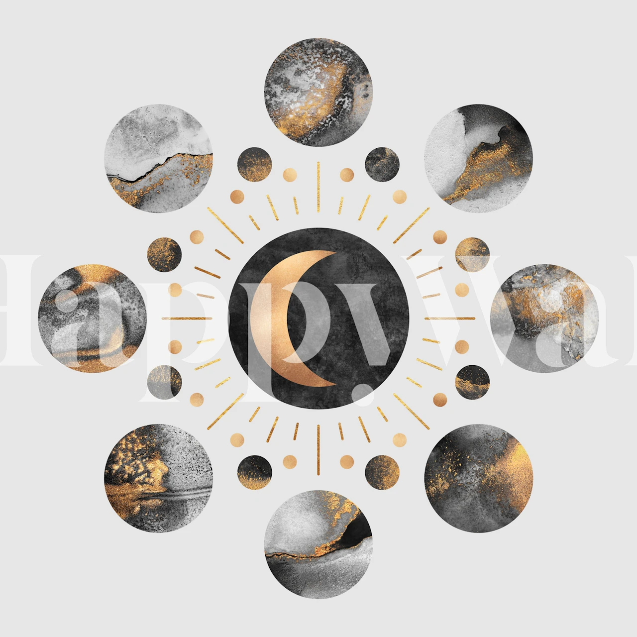 Celestial moon patterns in grey and gold tones wallpaper