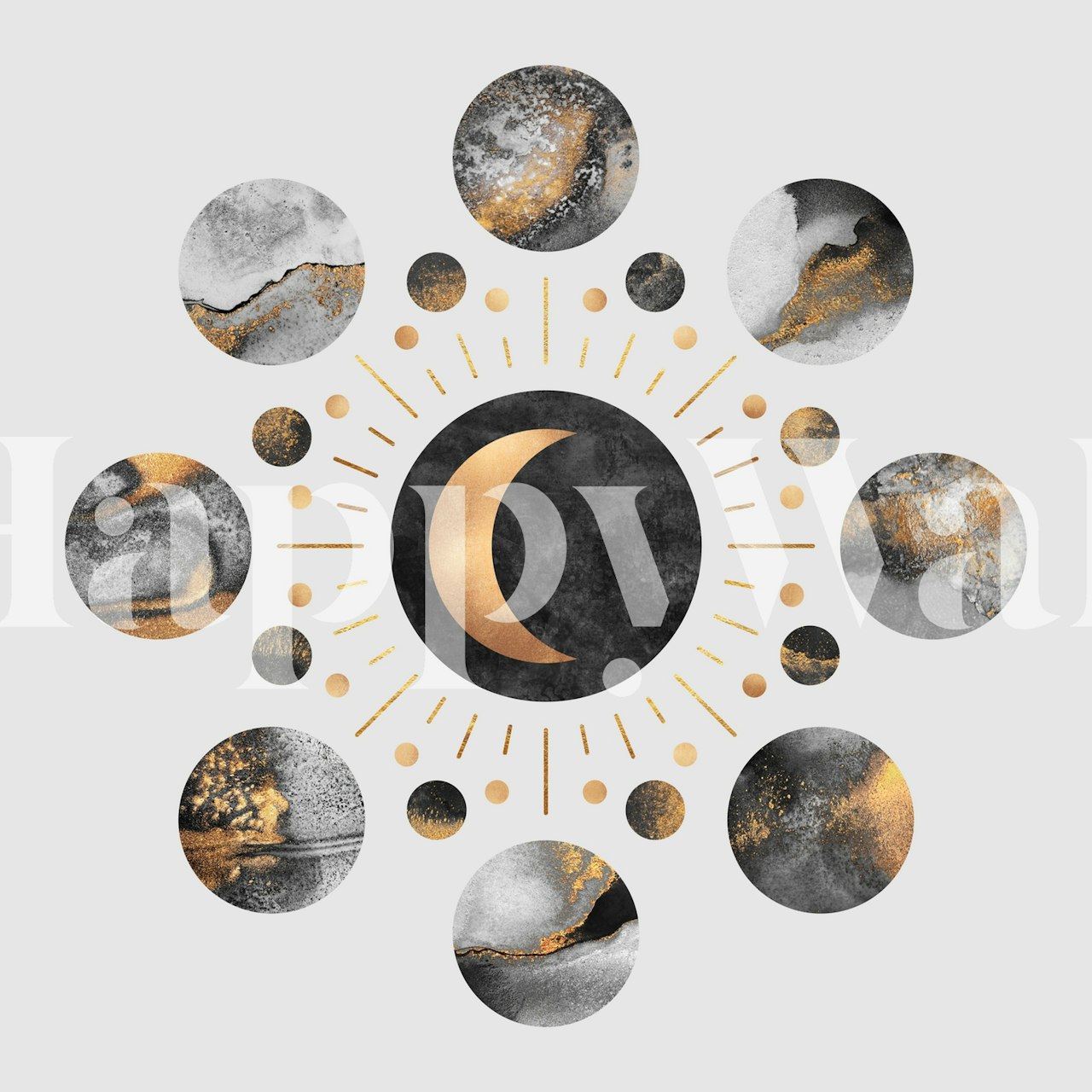Celestial moon patterns in grey and gold tones wallpaper