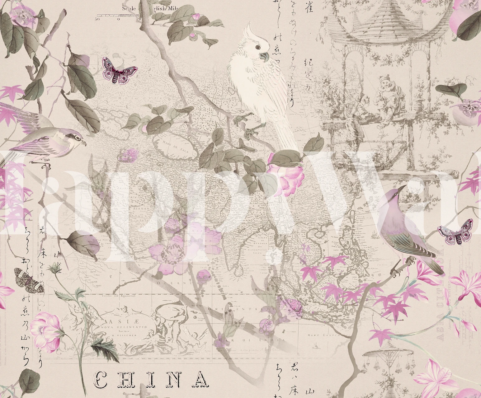 Spring Birds Chinoiserie Pink wallpaper design