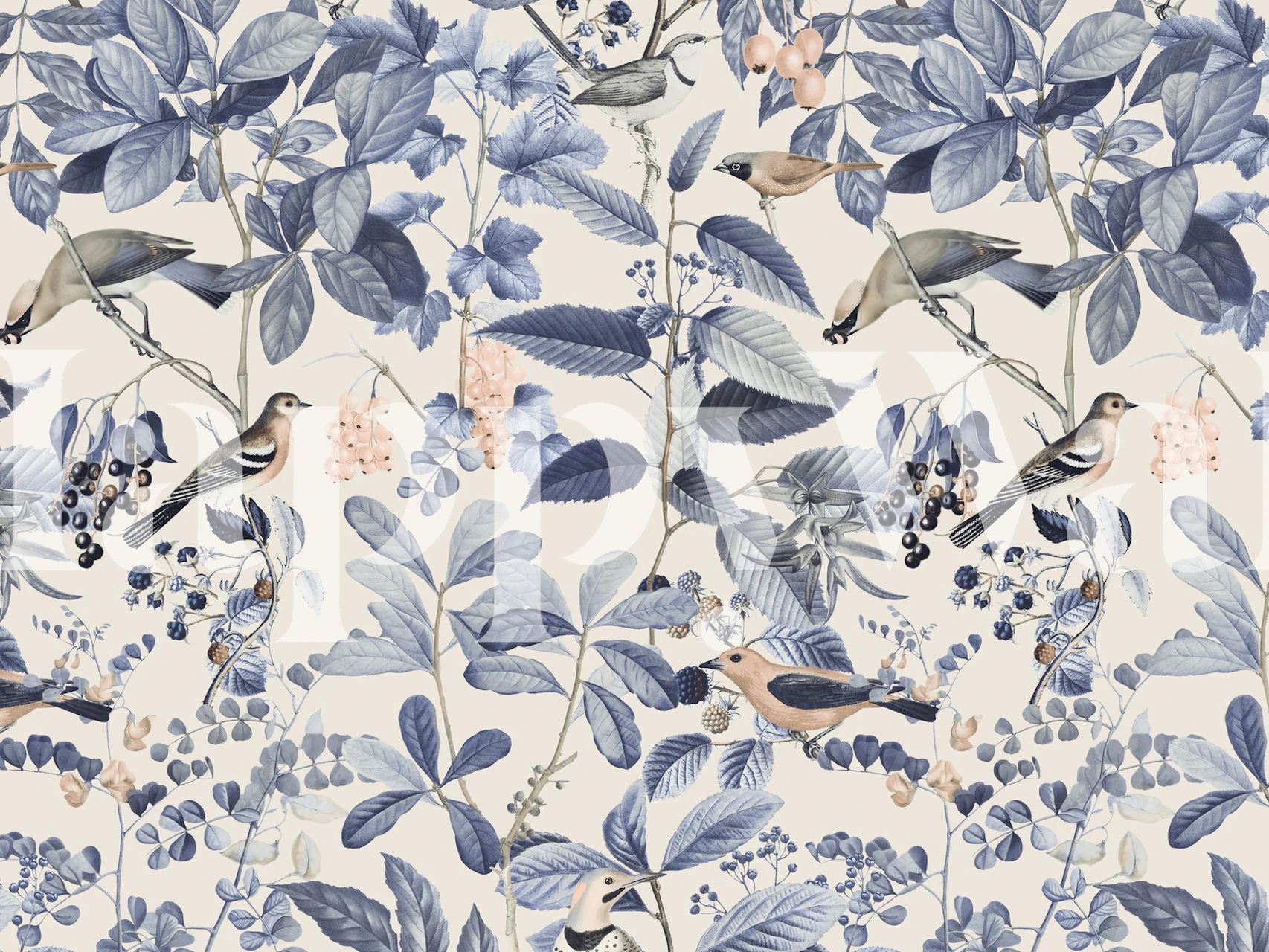 Blue birds and berries wallpaper in a room