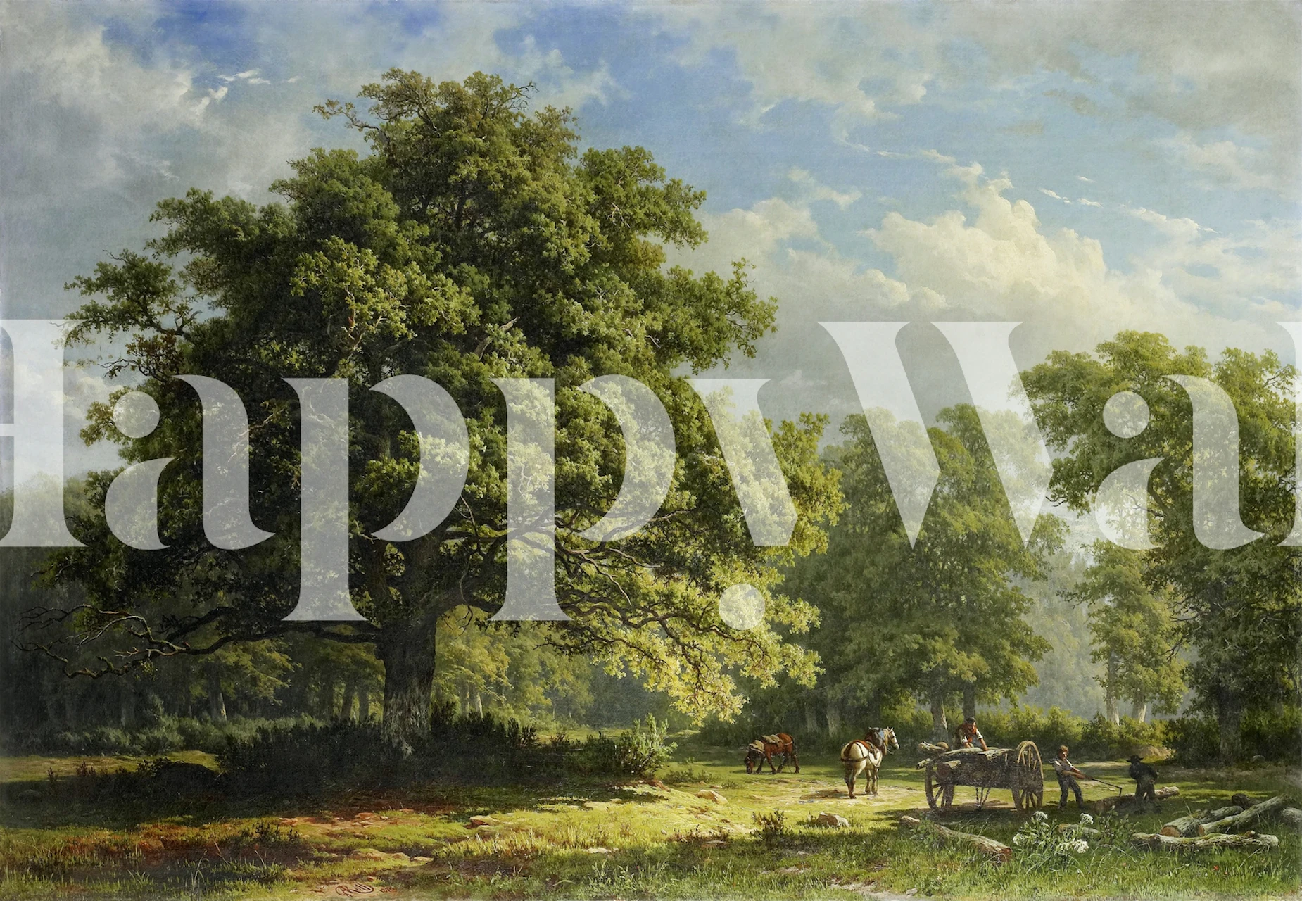 Antique landscape wallpaper showing horses, trees, and blue sky